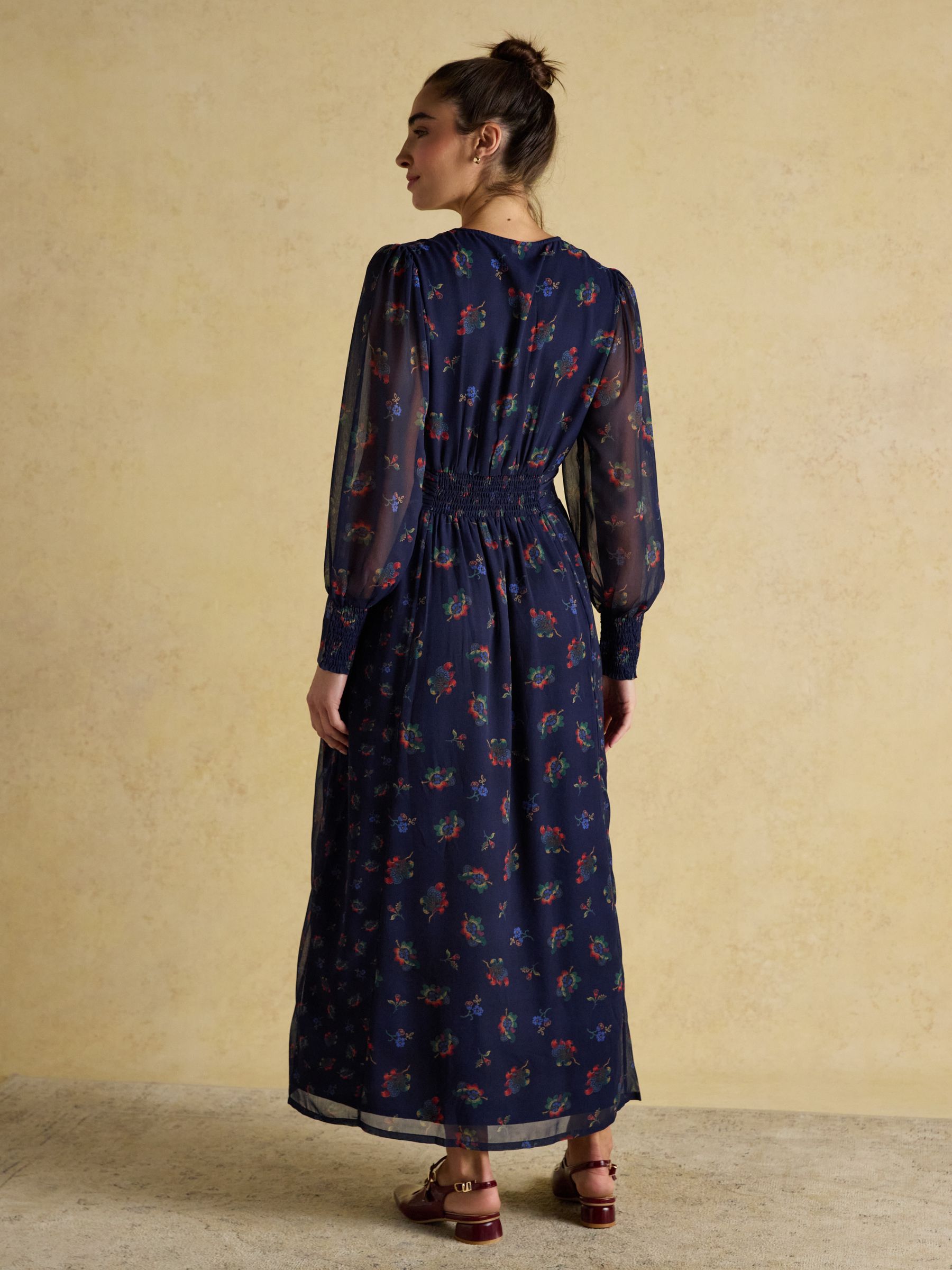 Allegra Navy Ruched Hotchpotch V-Neck Dress - Image 2 of 9 Allegra Navy Ruched Hotchpotch V-Neck Dress - Image 2 of 9