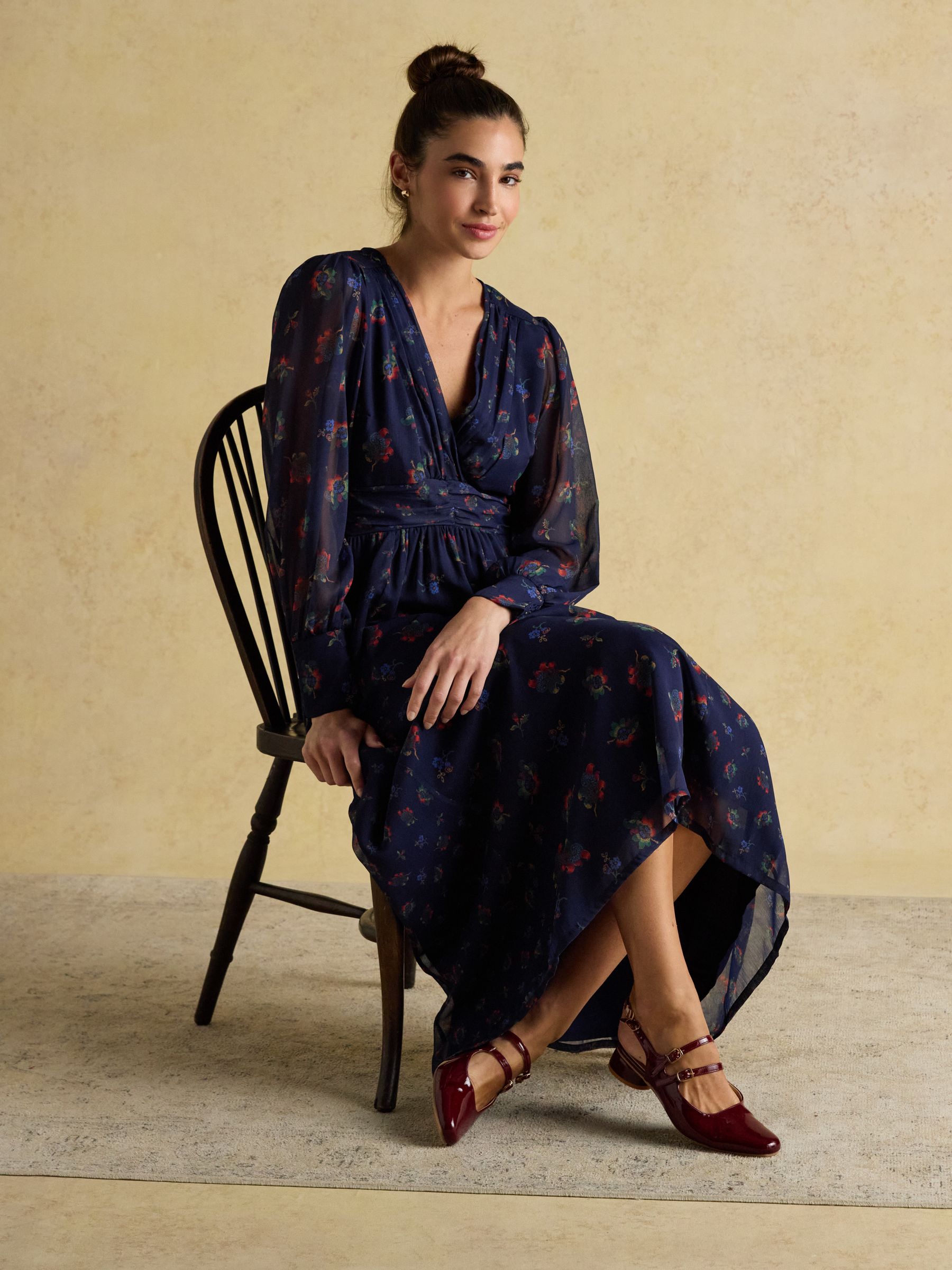 Allegra Navy Ruched Hotchpotch V-Neck Dress - Image 8 of 9