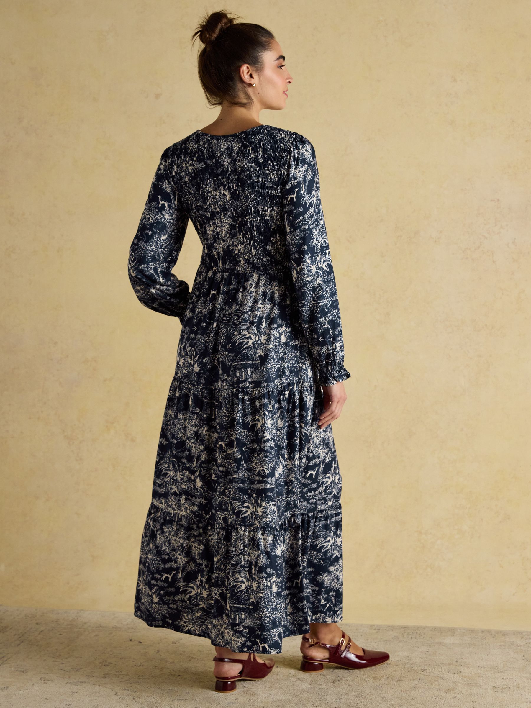 Edna Navy Shirred Long Sleeve Midi Printed Round Neck Dress - Image 2 of 9