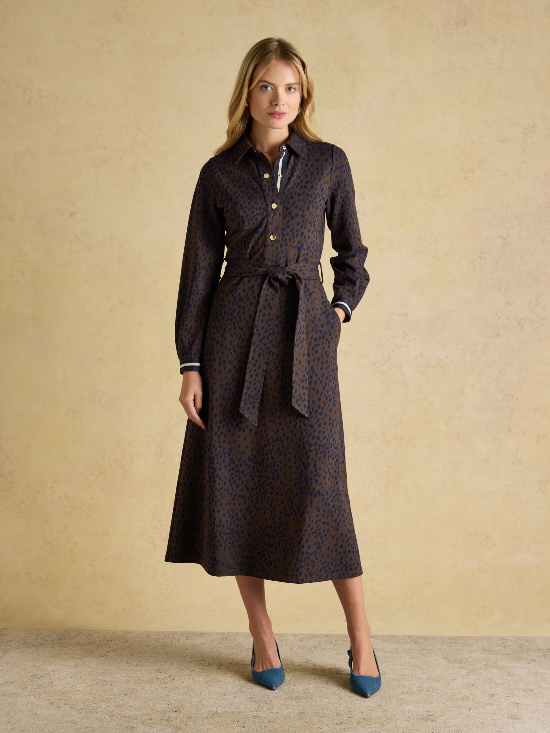 Louisa Brown Spot Tie Waist Long Sleeve Ponte Dress - Image 5 of 8
