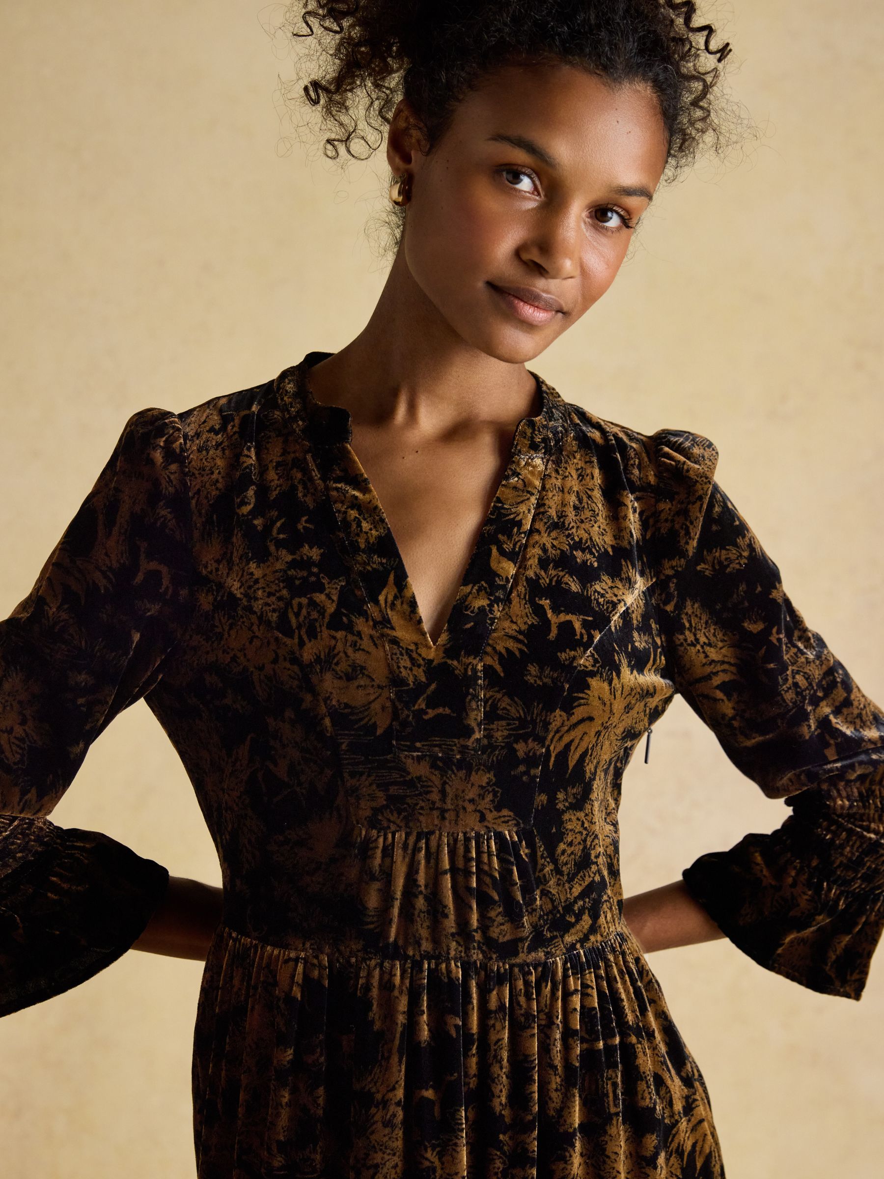 Rosalind Black Toile Velvet V-Neck Dress - Image 3 of 7