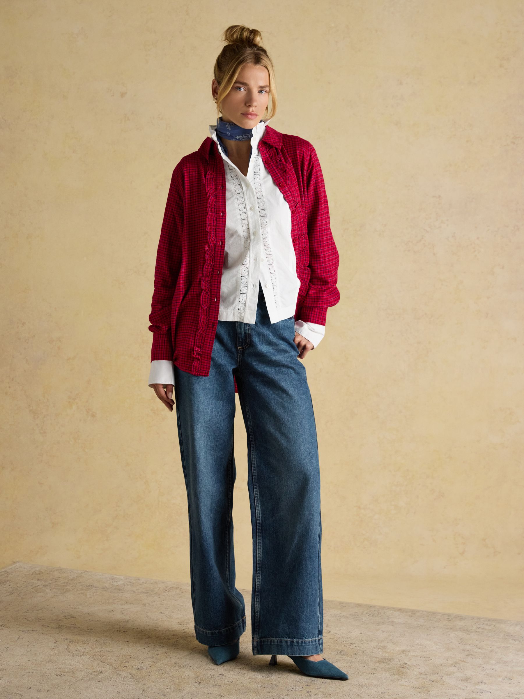 Selene Red Check Brushed Ruffle Shirt - Image 6 of 9