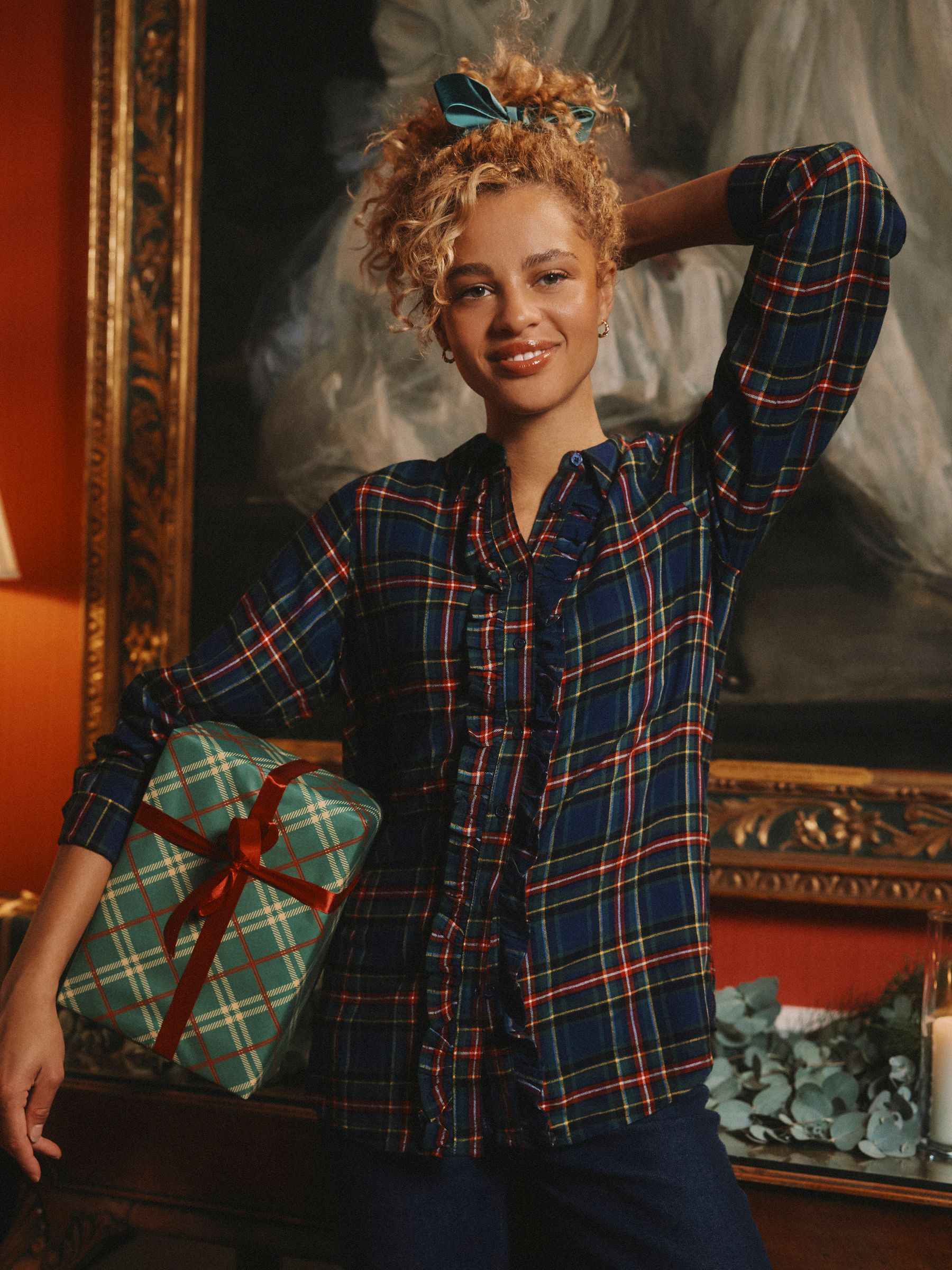 Selene Navy Check Brushed Ruffle Shirt - Image 1 of 10 Selene Navy Check Brushed Ruffle Shirt - Image 1 of 10