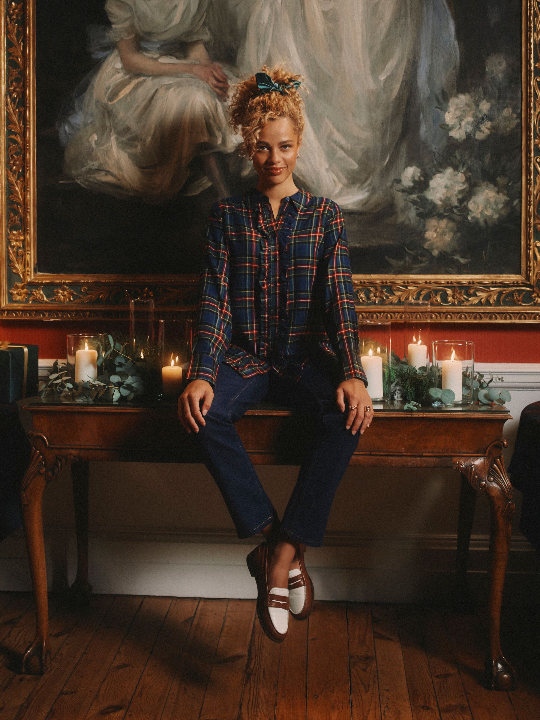 Selene Navy Check Brushed Ruffle Shirt - Image 2 of 10 Selene Navy Check Brushed Ruffle Shirt - Image 2 of 10