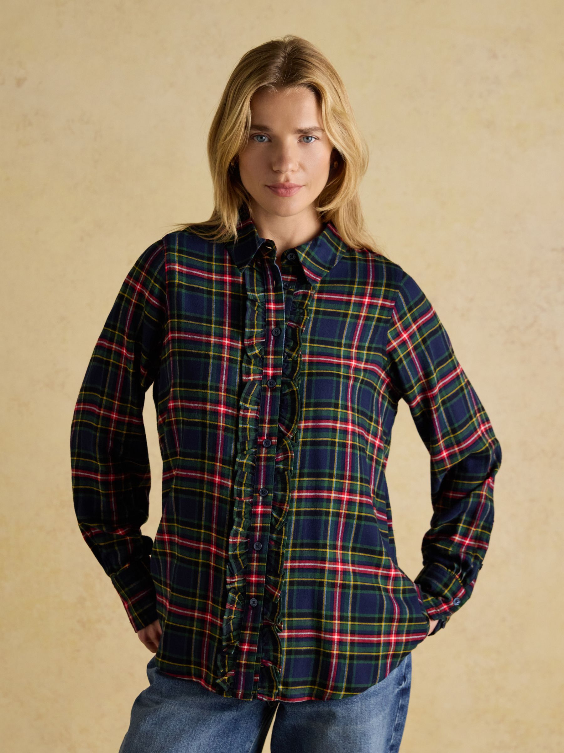 Selene Navy Check Brushed Ruffle Shirt - Image 3 of 10