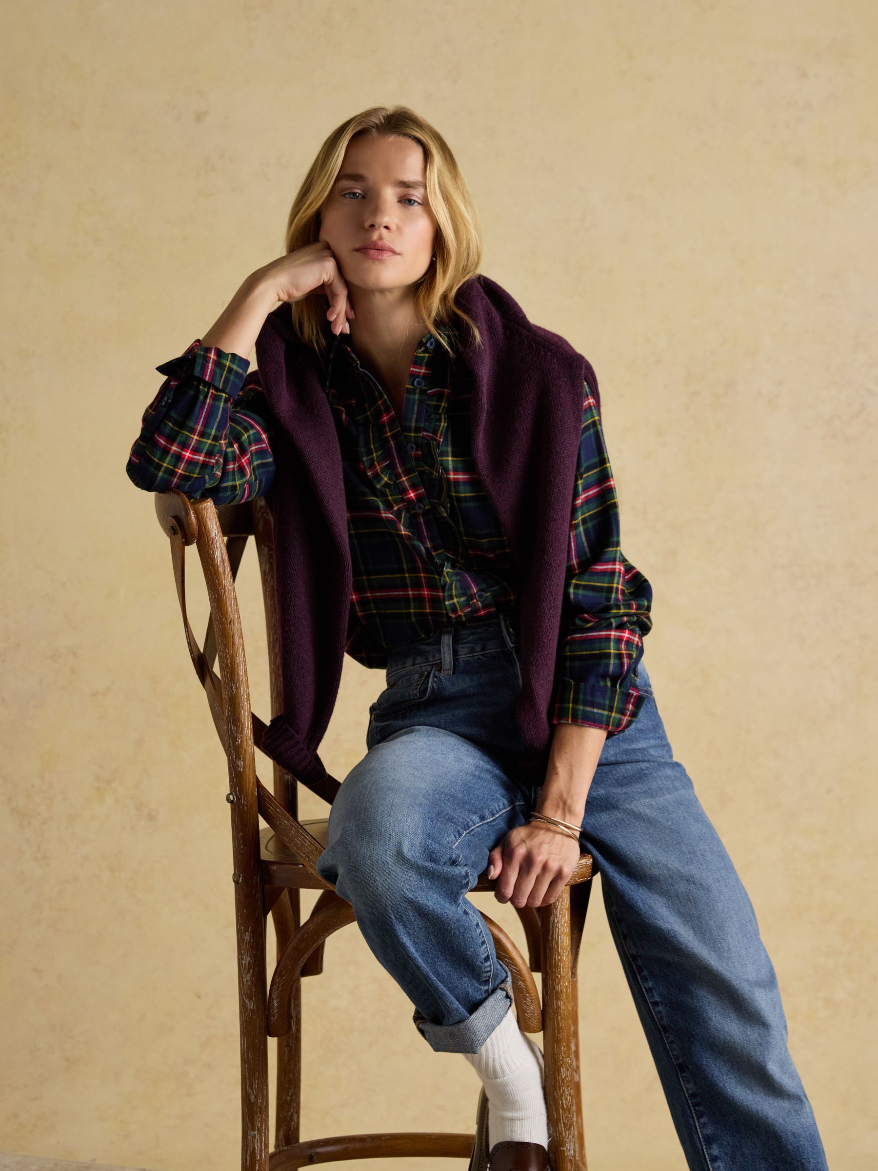 Selene Navy Check Brushed Ruffle Shirt - Image 6 of 10