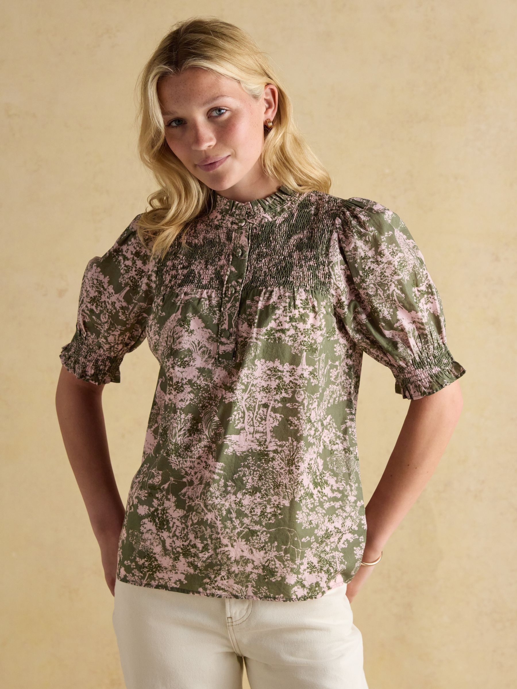 Silvia Green Frill Neck Smocked Blouse - Image 1 of 9
