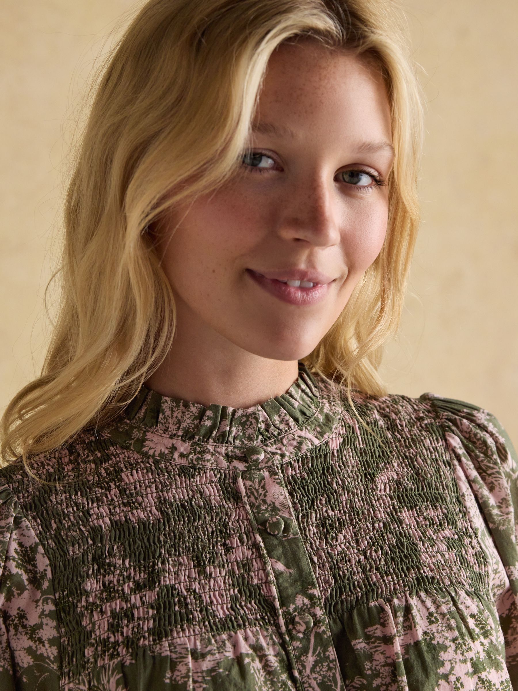 Silvia Green Frill Neck Smocked Blouse - Image 7 of 9