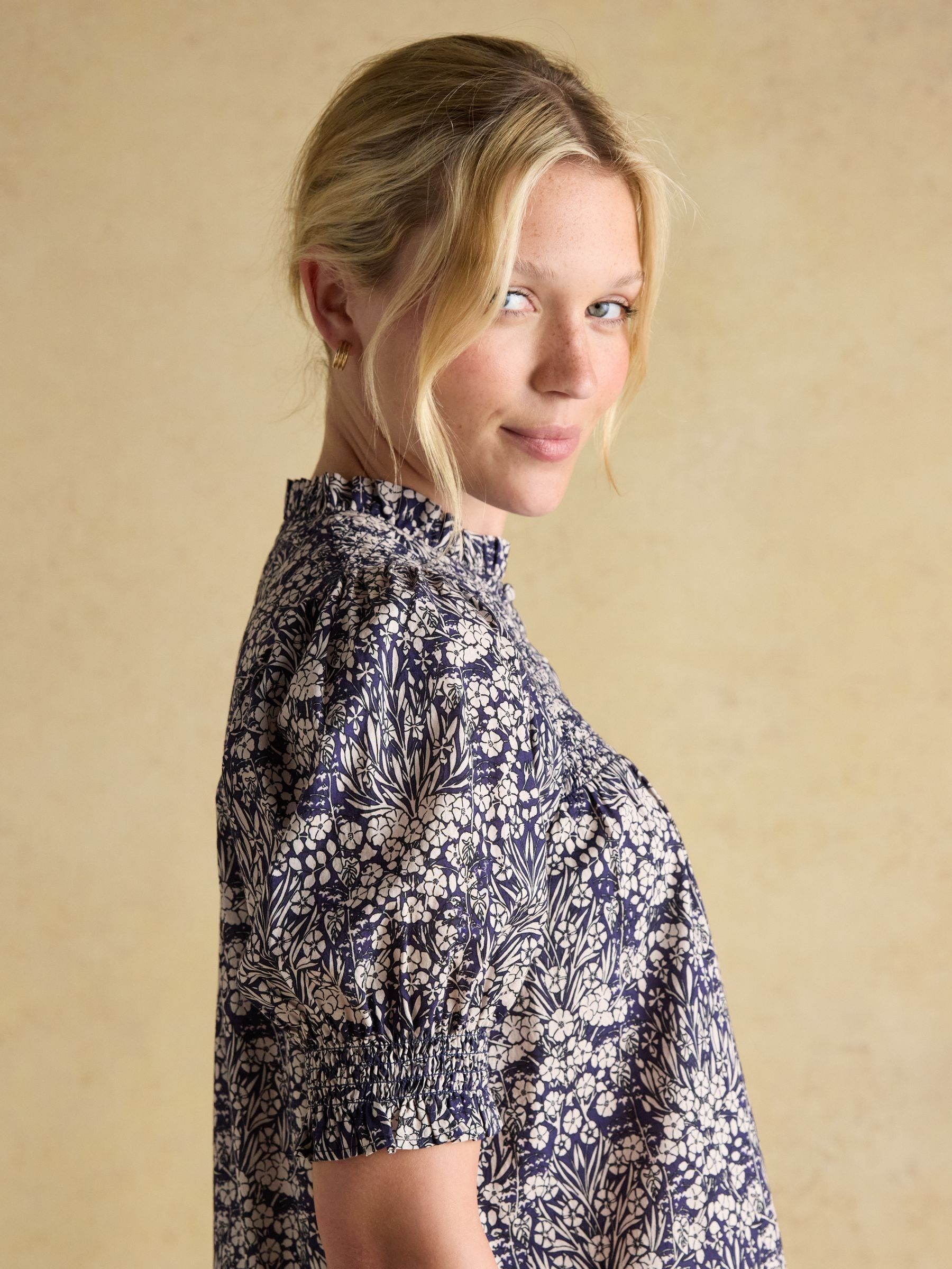 Silvia Blue Frill Neck Smocked Blouse - Image 3 of 7