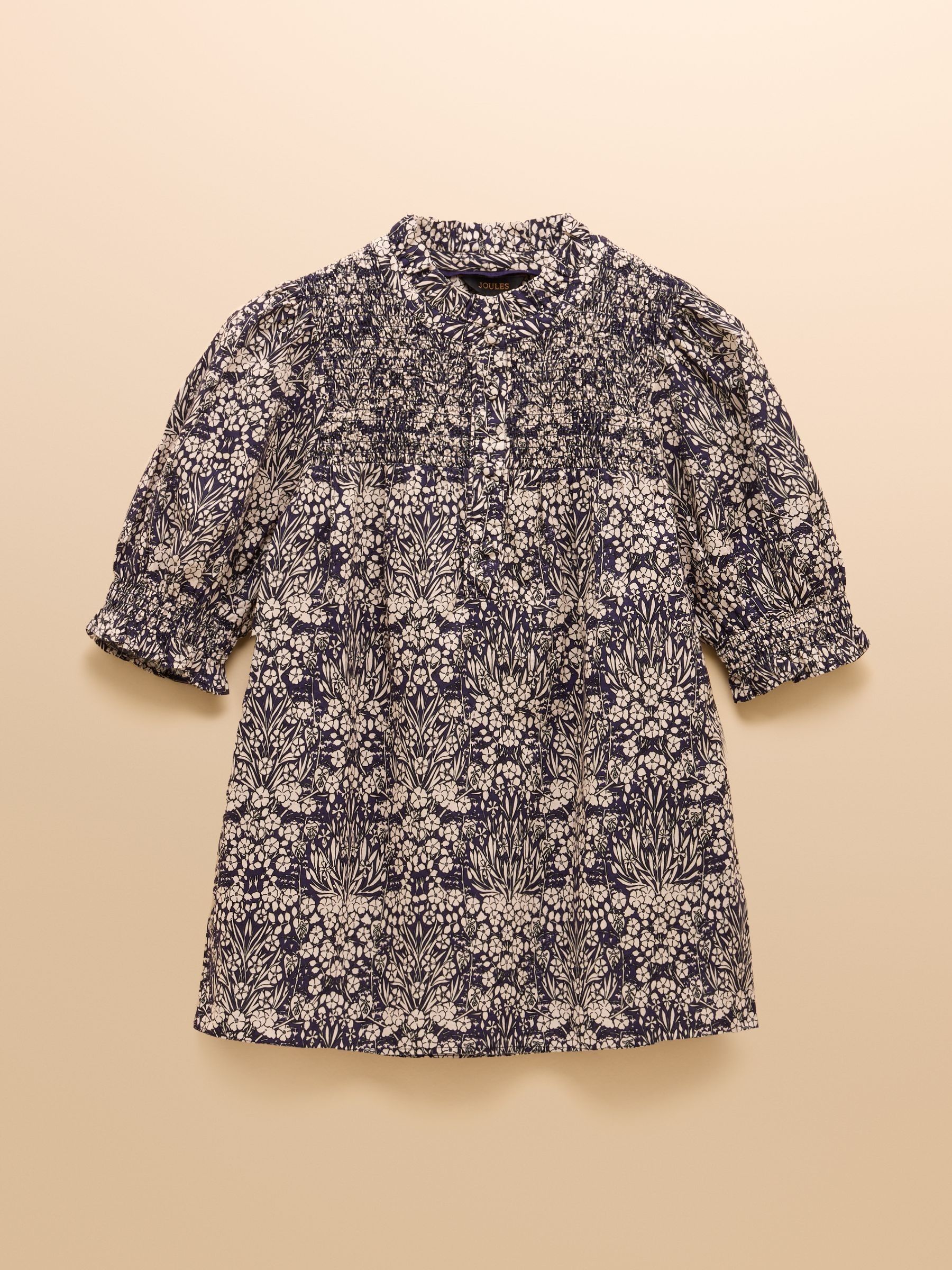 Silvia Blue Frill Neck Smocked Blouse | Joules