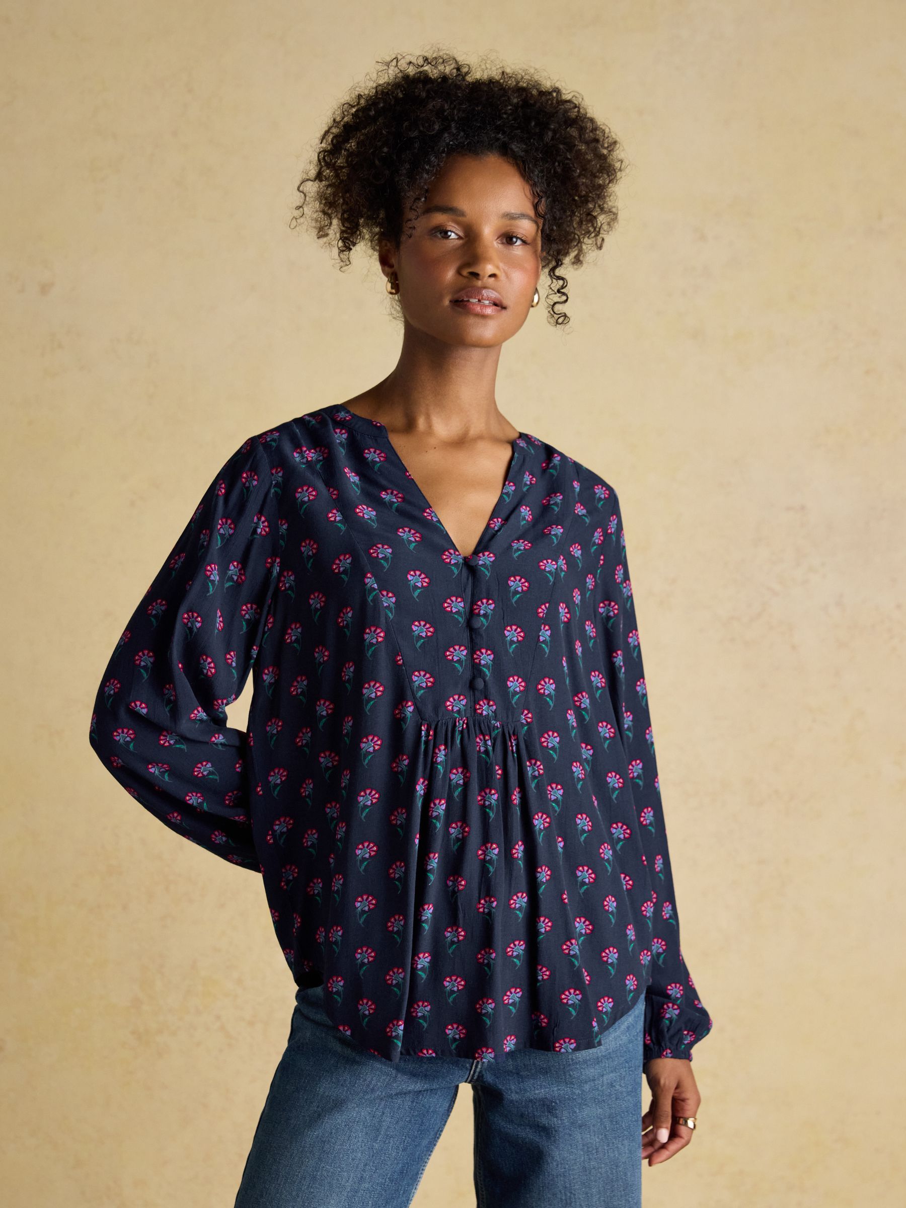 Ava Navy Floral Long Sleeve Popover Blouse | Joules