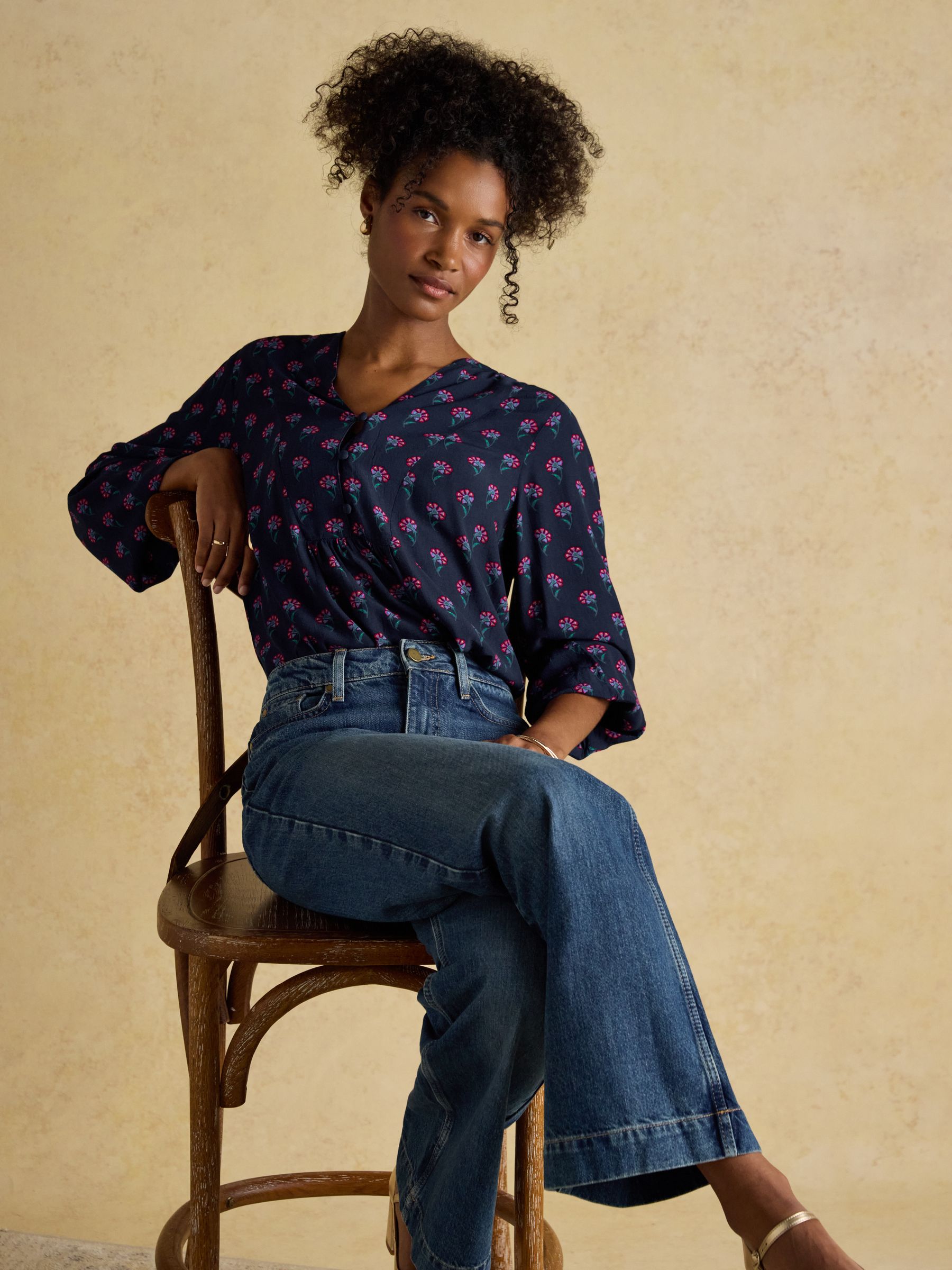 Ava Navy Floral Long Sleeve Popover Blouse | Joules