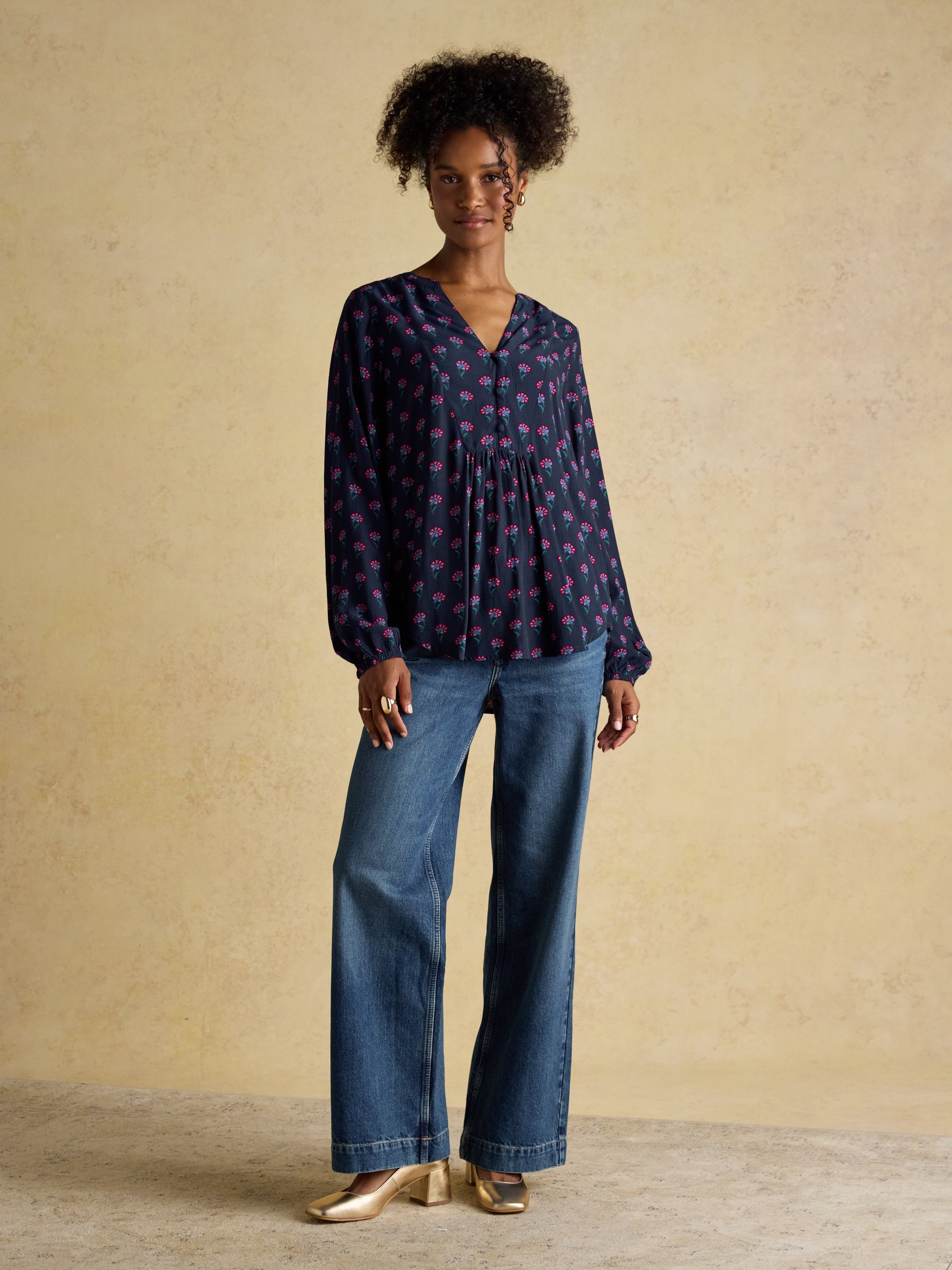 Ava Navy Floral Long Sleeve Popover Blouse - Image 4 of 8