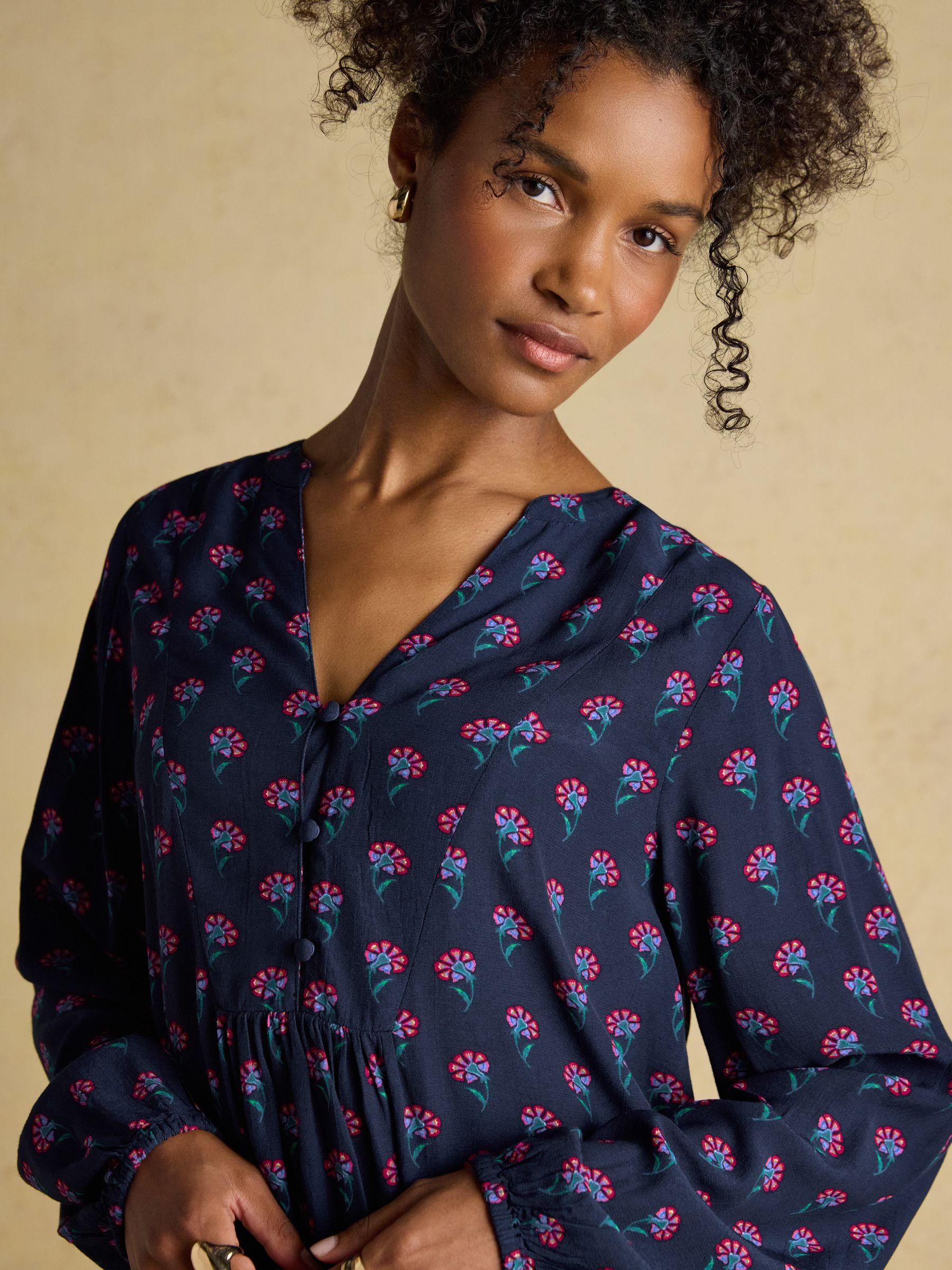 Ava Navy Floral Long Sleeve Popover Blouse - Image 5 of 8