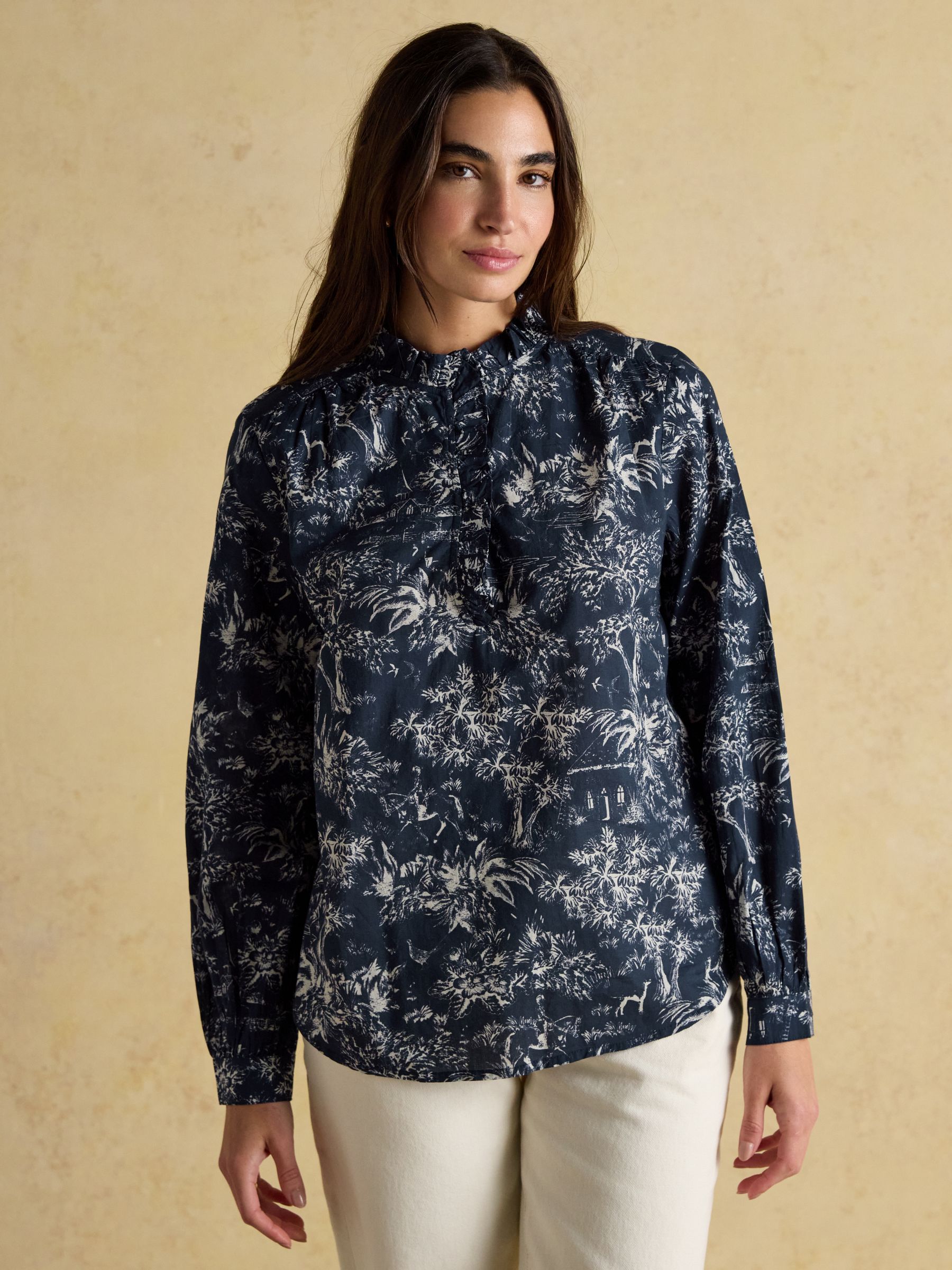 Melanie Navy/White Toile Ruffle Blouse | Joules