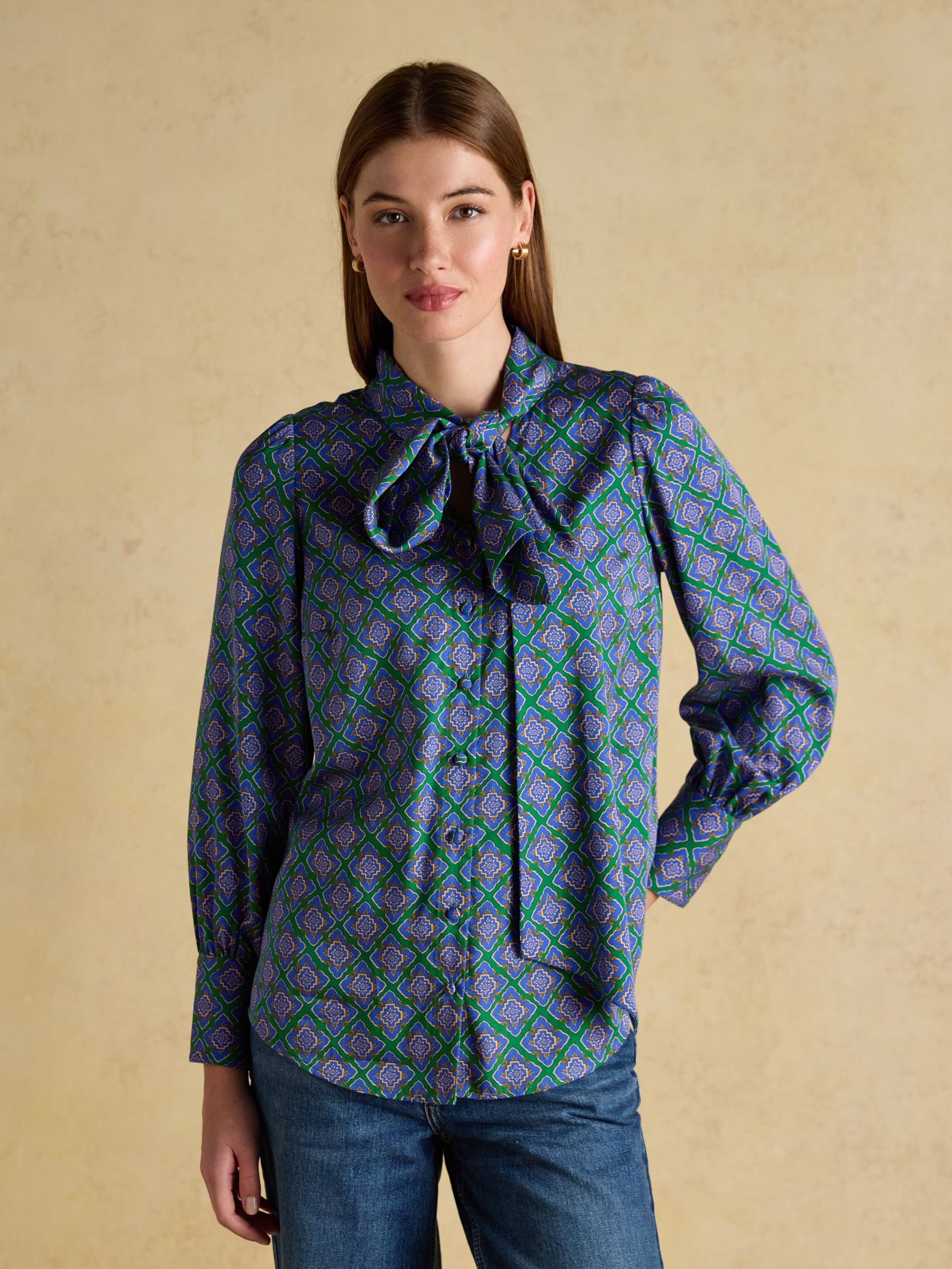 Tabby Blue/Green Tie Neck Long Sleeve Blouse with Button Fastening - Image 3 of 10