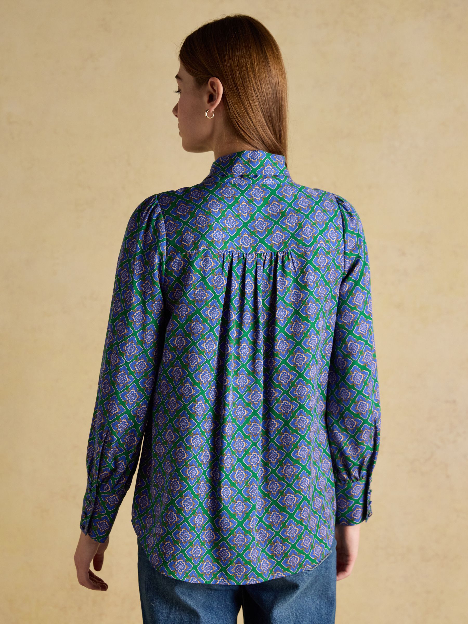 Tabby Blue/Green Tie Neck Long Sleeve Blouse with Button Fastening - Image 4 of 10