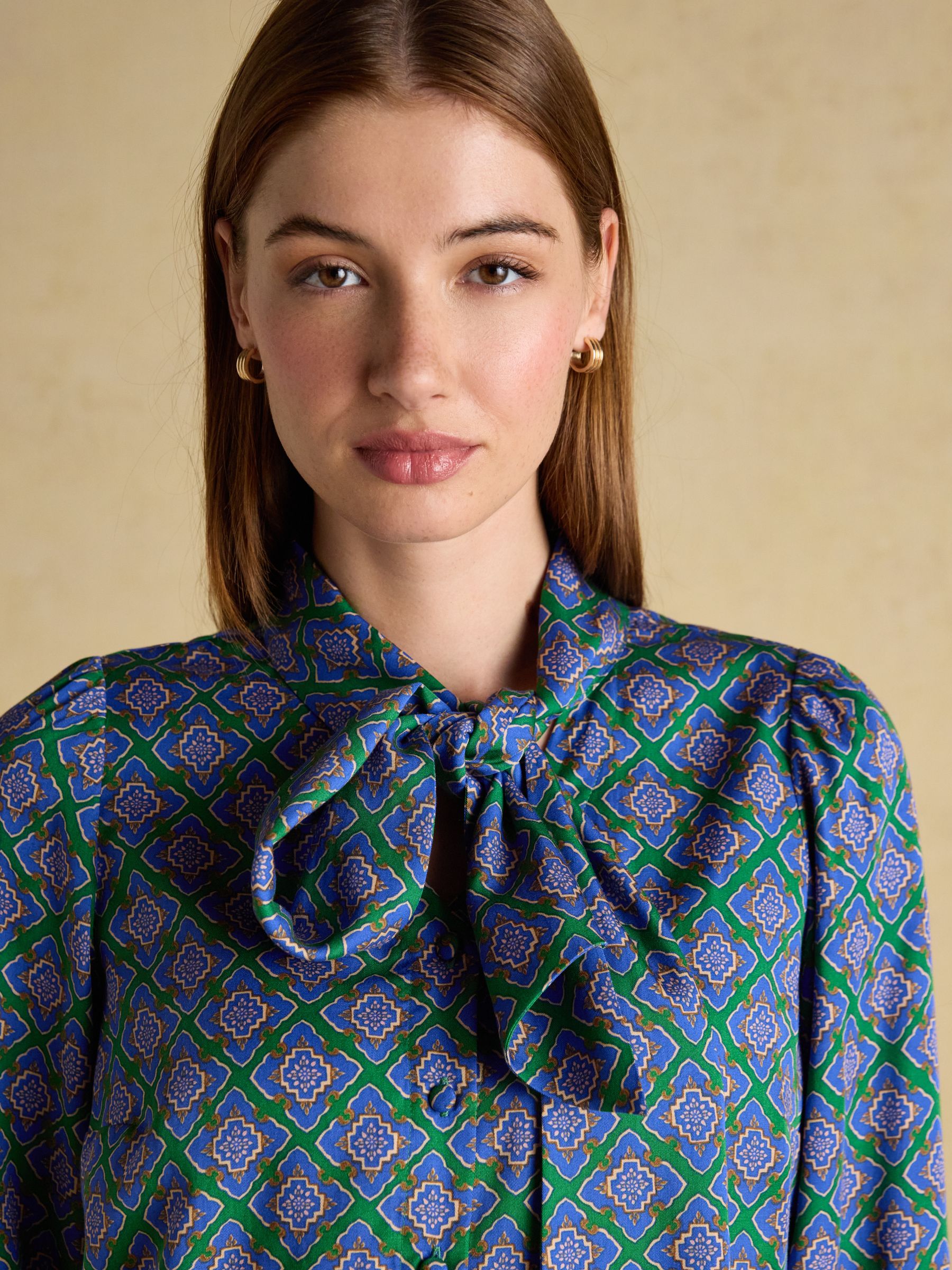 Tabby Blue/Green Tie Neck Long Sleeve Blouse with Button Fastening - Image 5 of 10