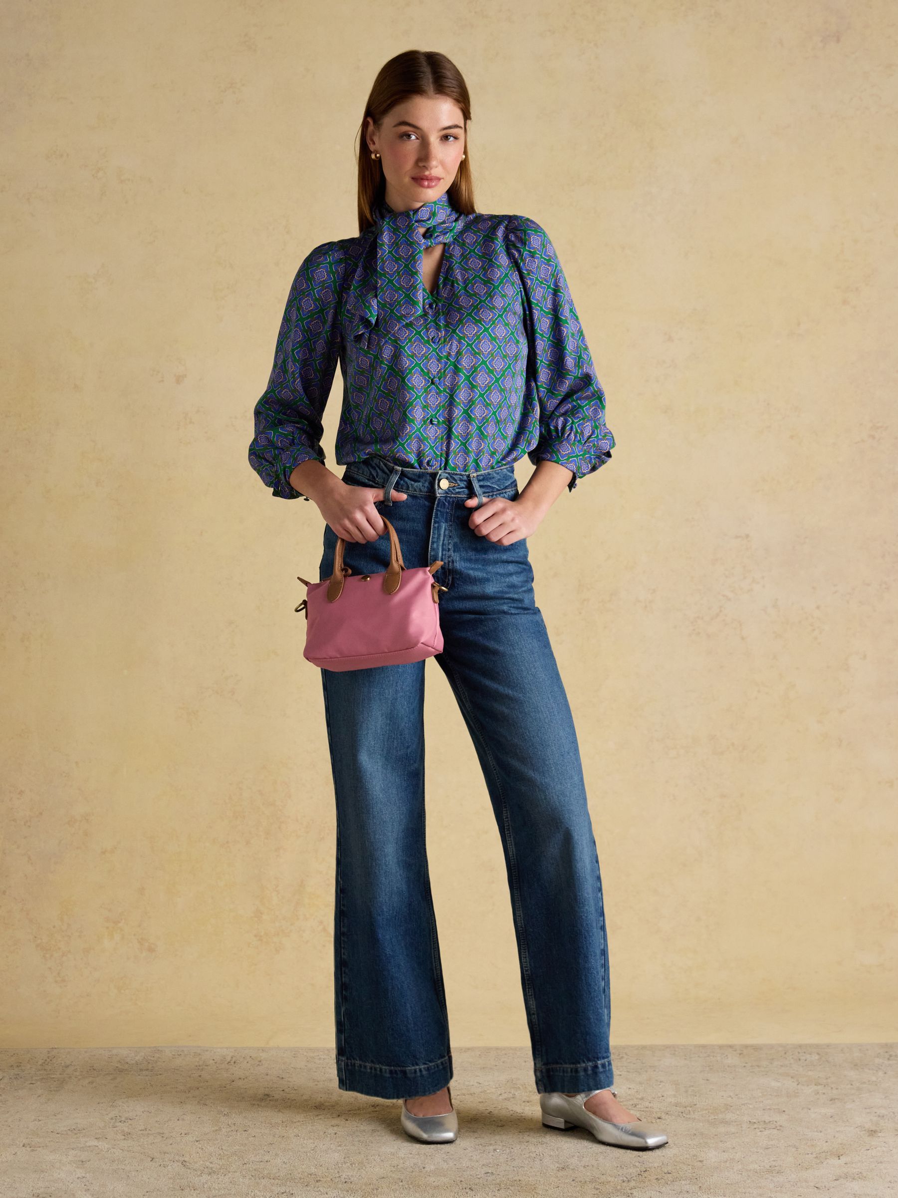 Tabby Blue/Green Tie Neck Long Sleeve Blouse with Button Fastening - Image 6 of 10