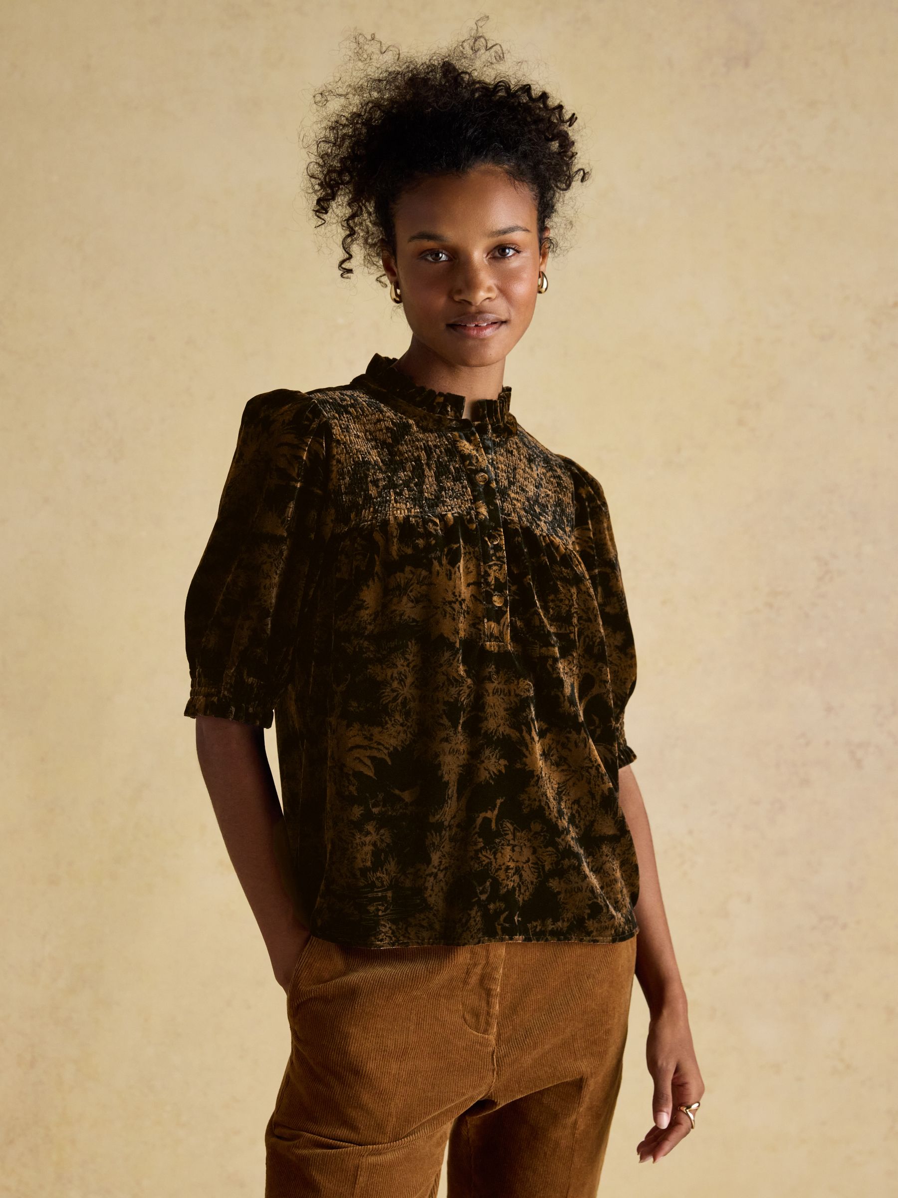 Silvia Black & Gold Smocked Velvet Short Sleeve Blouse - Image 1 of 8