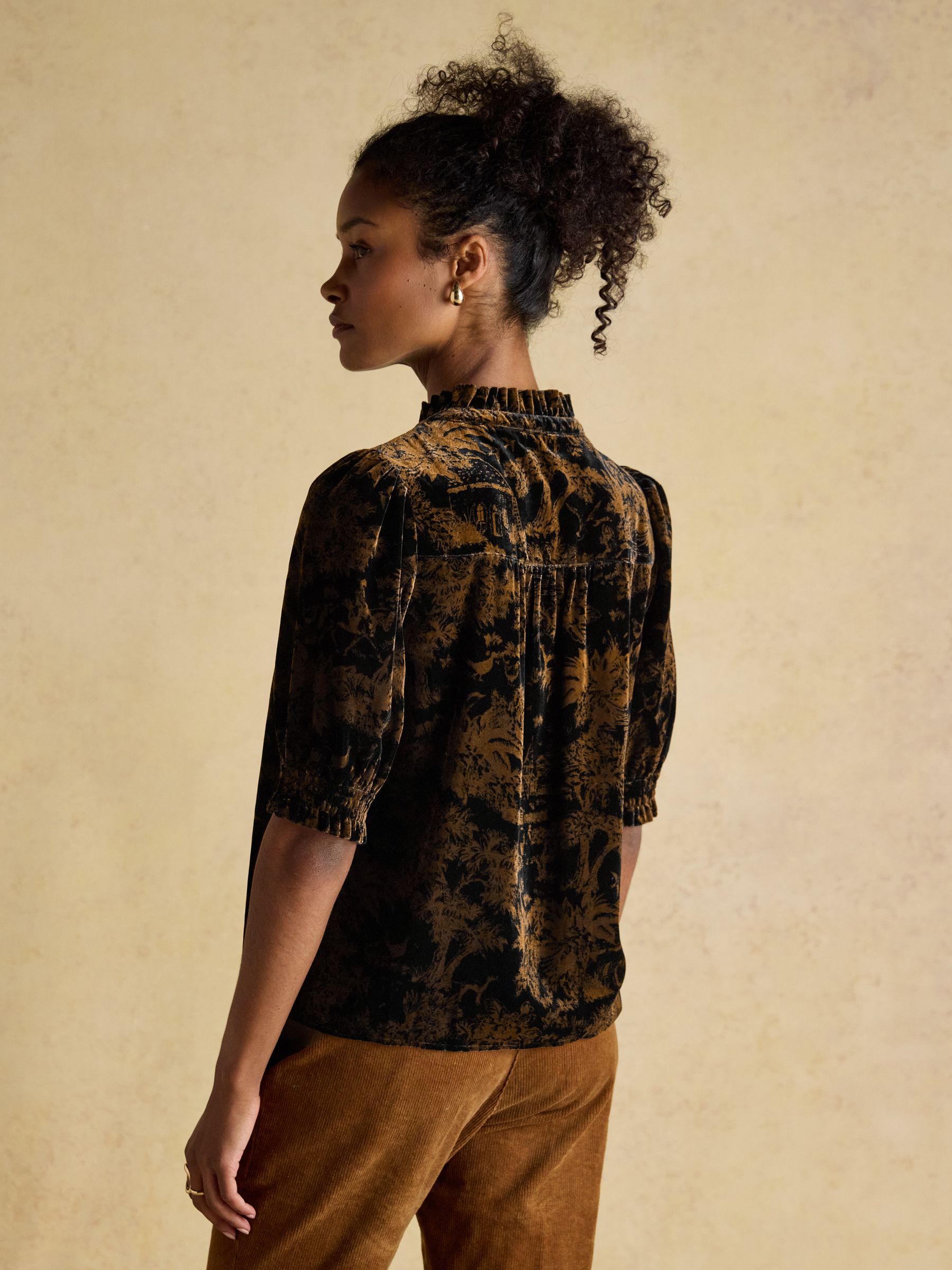 Silvia Black & Gold Smocked Velvet Short Sleeve Blouse - Image 2 of 8