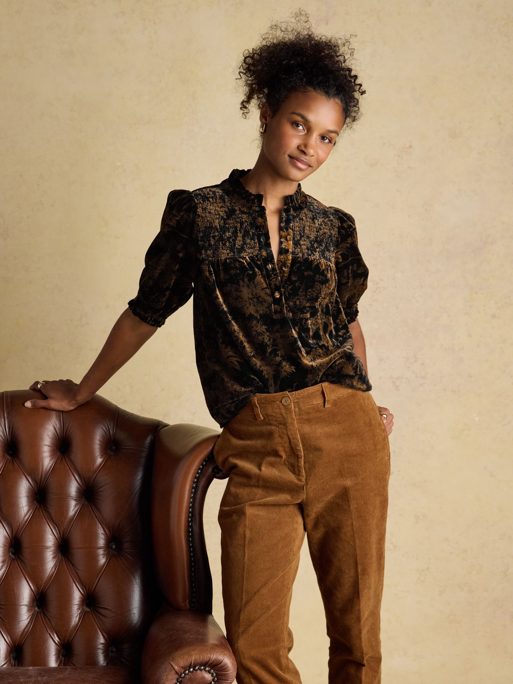 Silvia Black & Gold Smocked Velvet Short Sleeve Blouse - Image 3 of 8