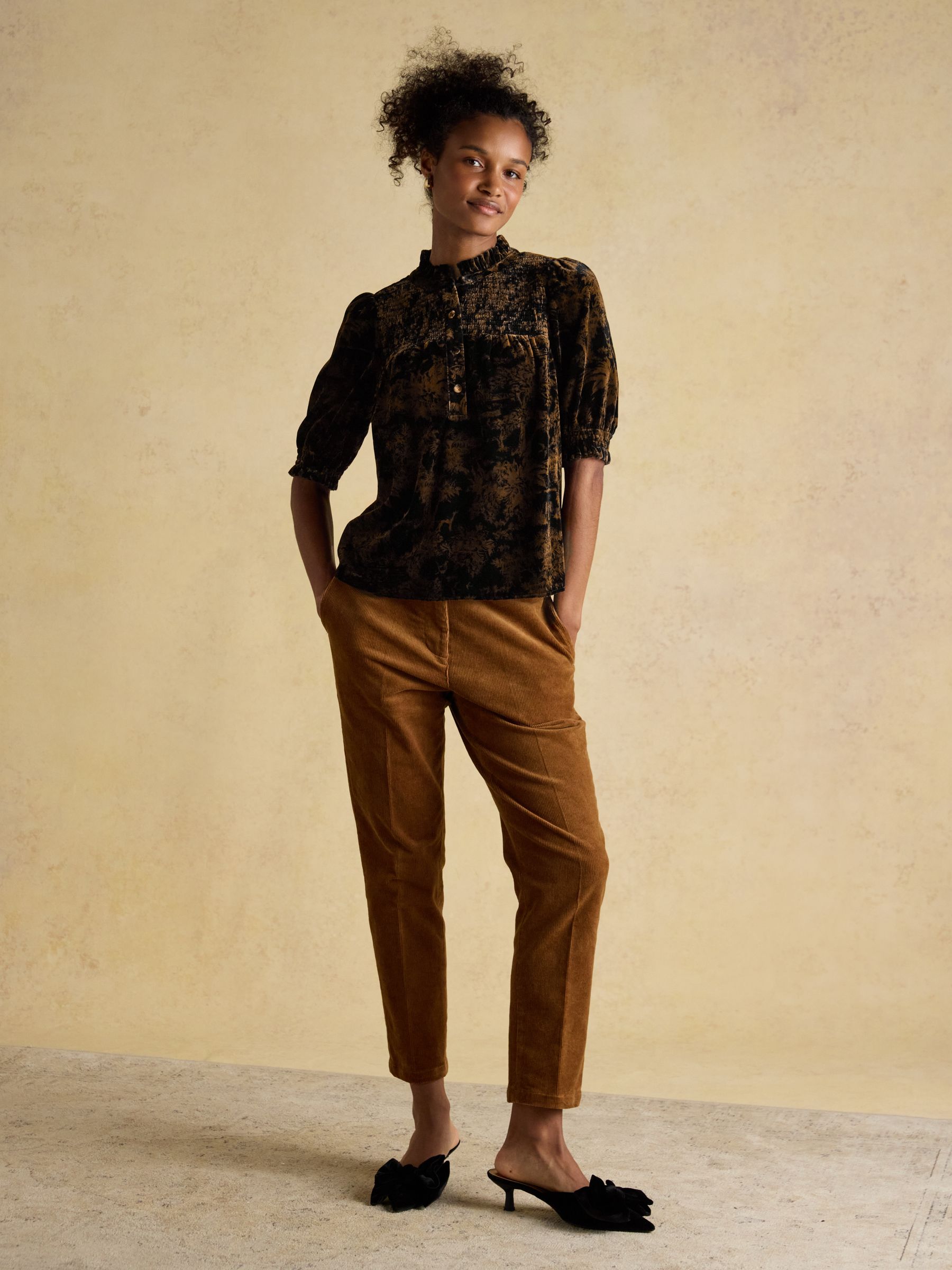 Silvia Black & Gold Smocked Velvet Short Sleeve Blouse - Image 4 of 8