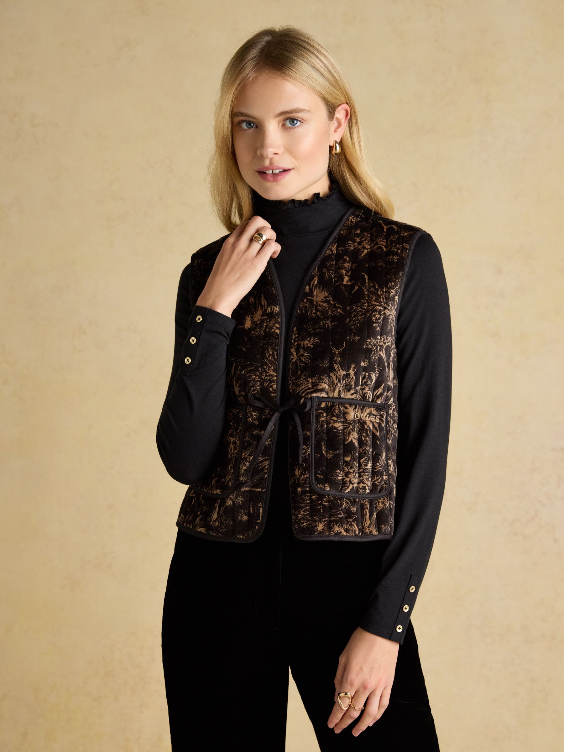 Venetia Black & Gold Tie Front Quilted Velvet Gilet | Joules