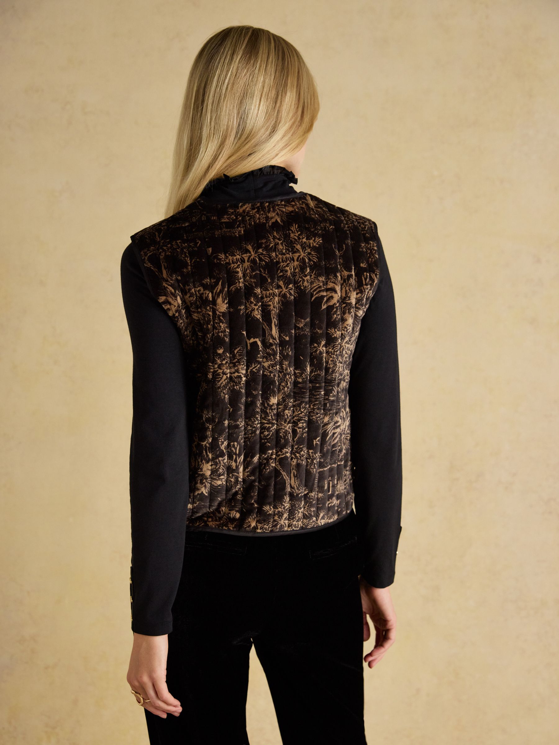 Venetia Black & Gold Tie Front Quilted Velvet Gilet - Image 2 of 8