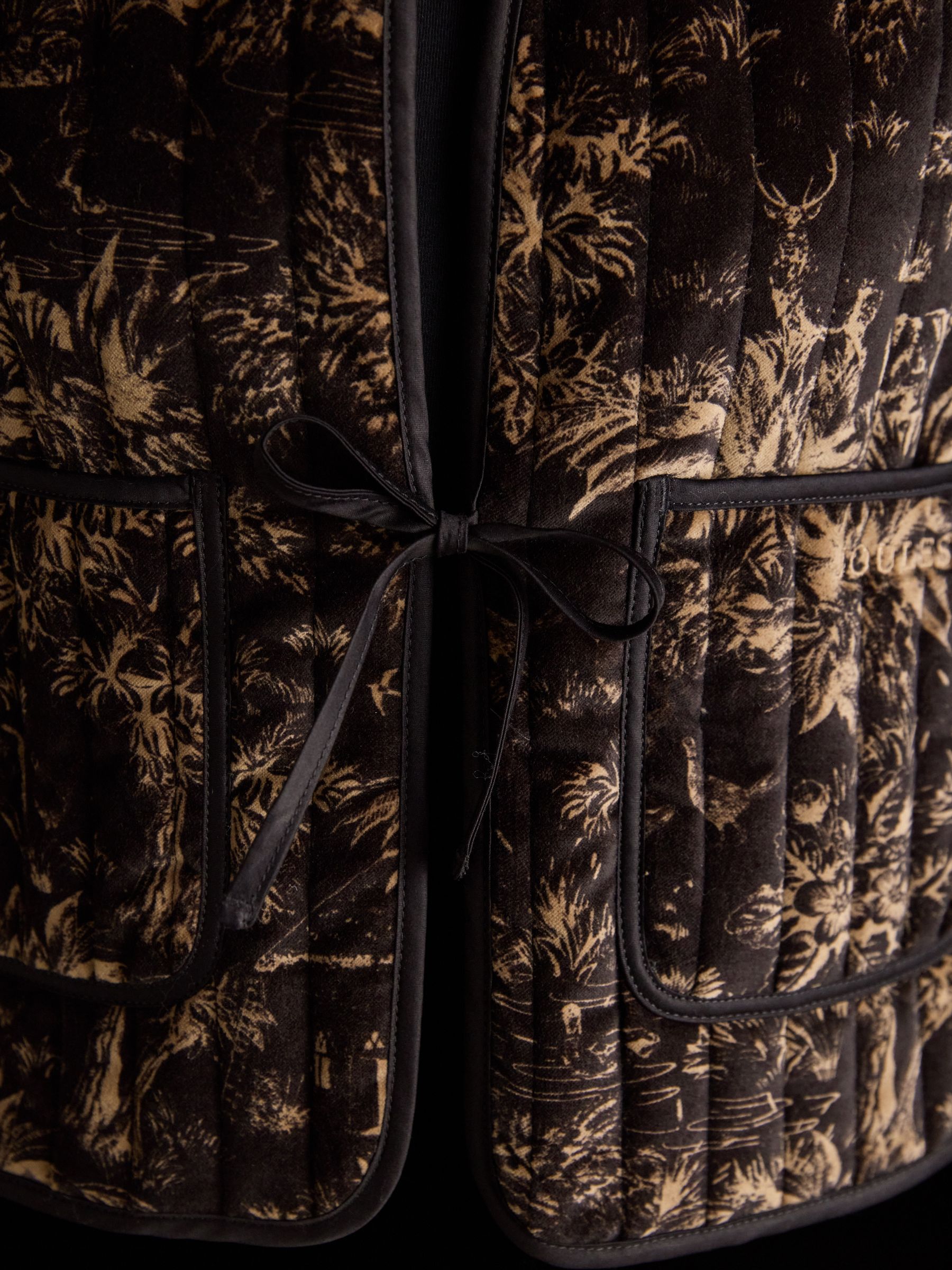 Venetia Black & Gold Tie Front Quilted Velvet Gilet - Image 6 of 8