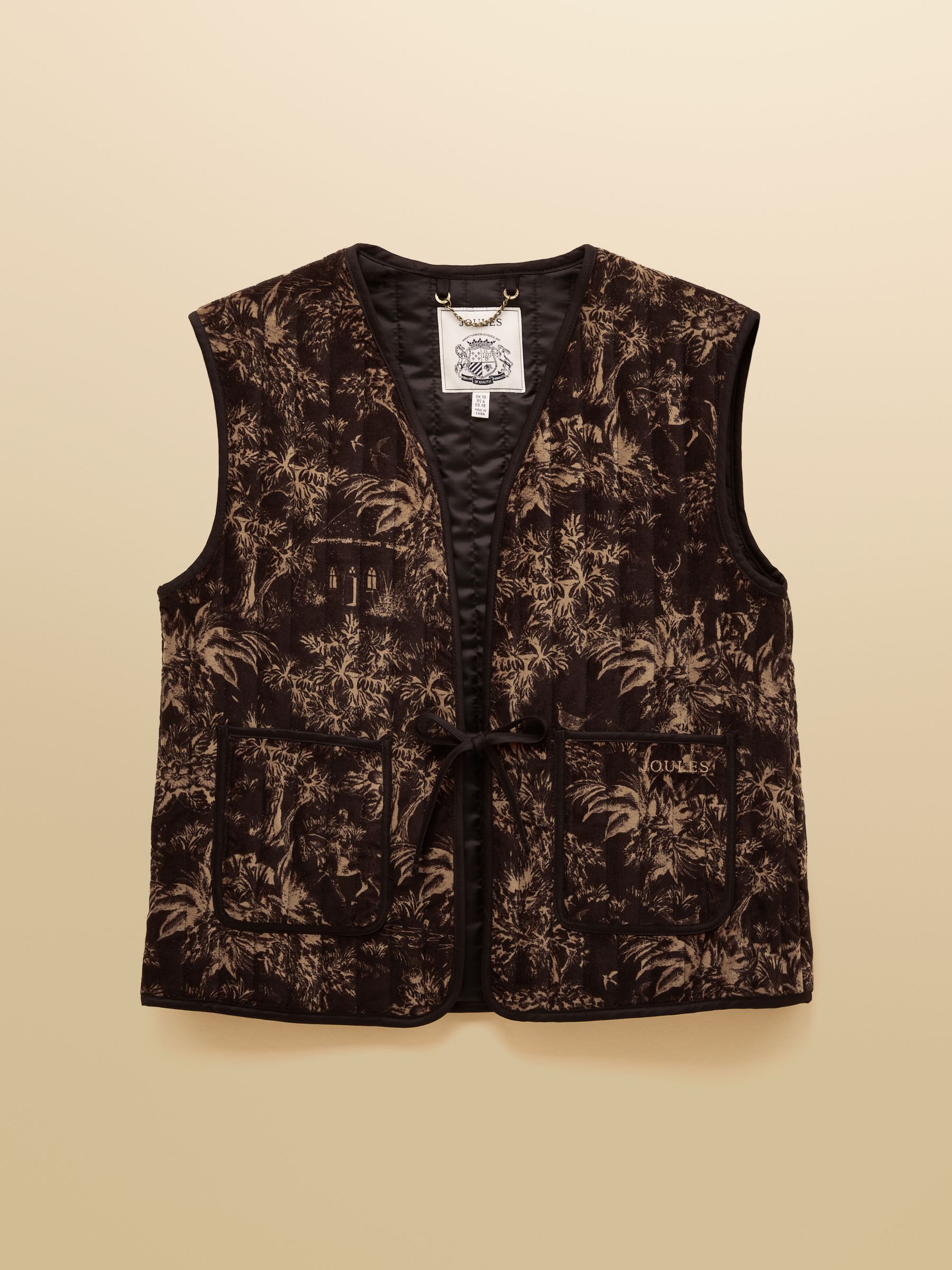 Venetia Black & Gold Tie Front Quilted Velvet Gilet - Image 8 of 8
