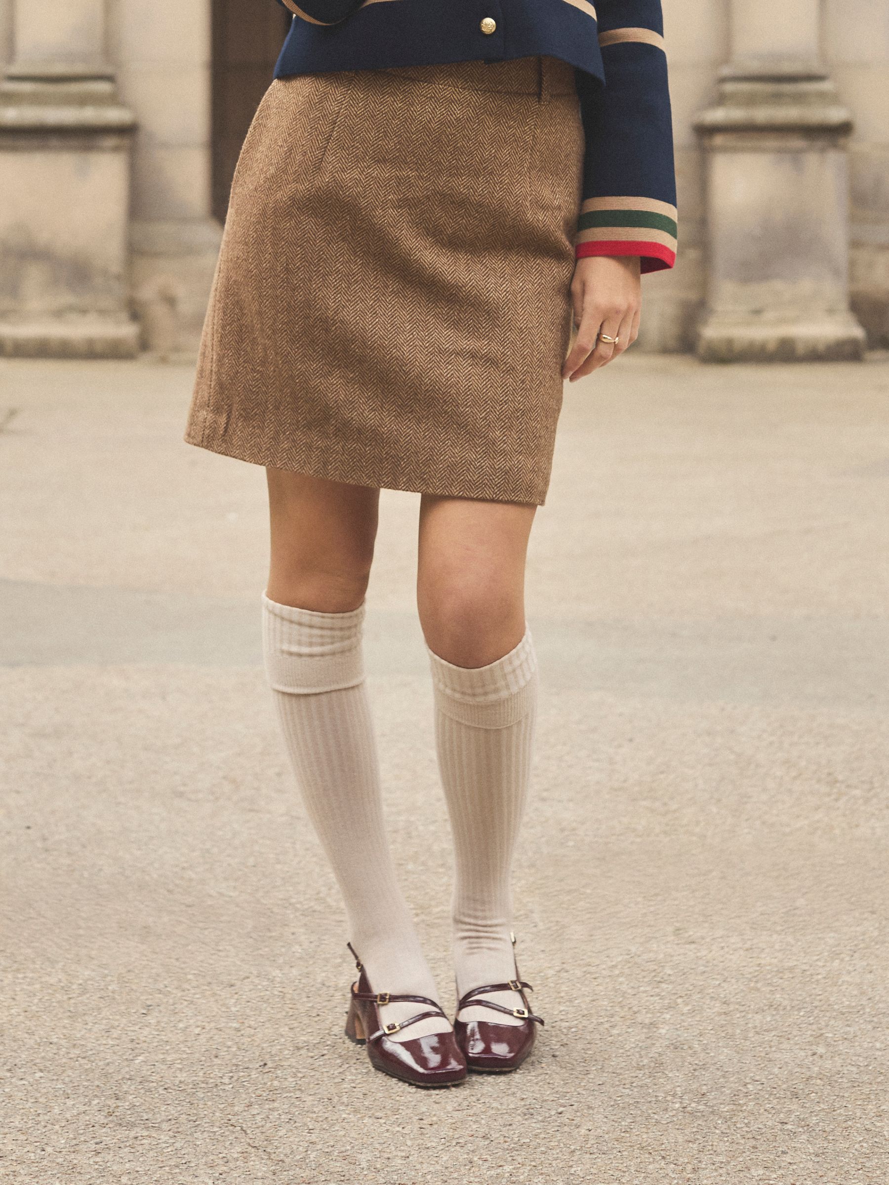 Bramble Tan Brown Herringbone Tweed Wool Blend Skirt - Image 1 of 9