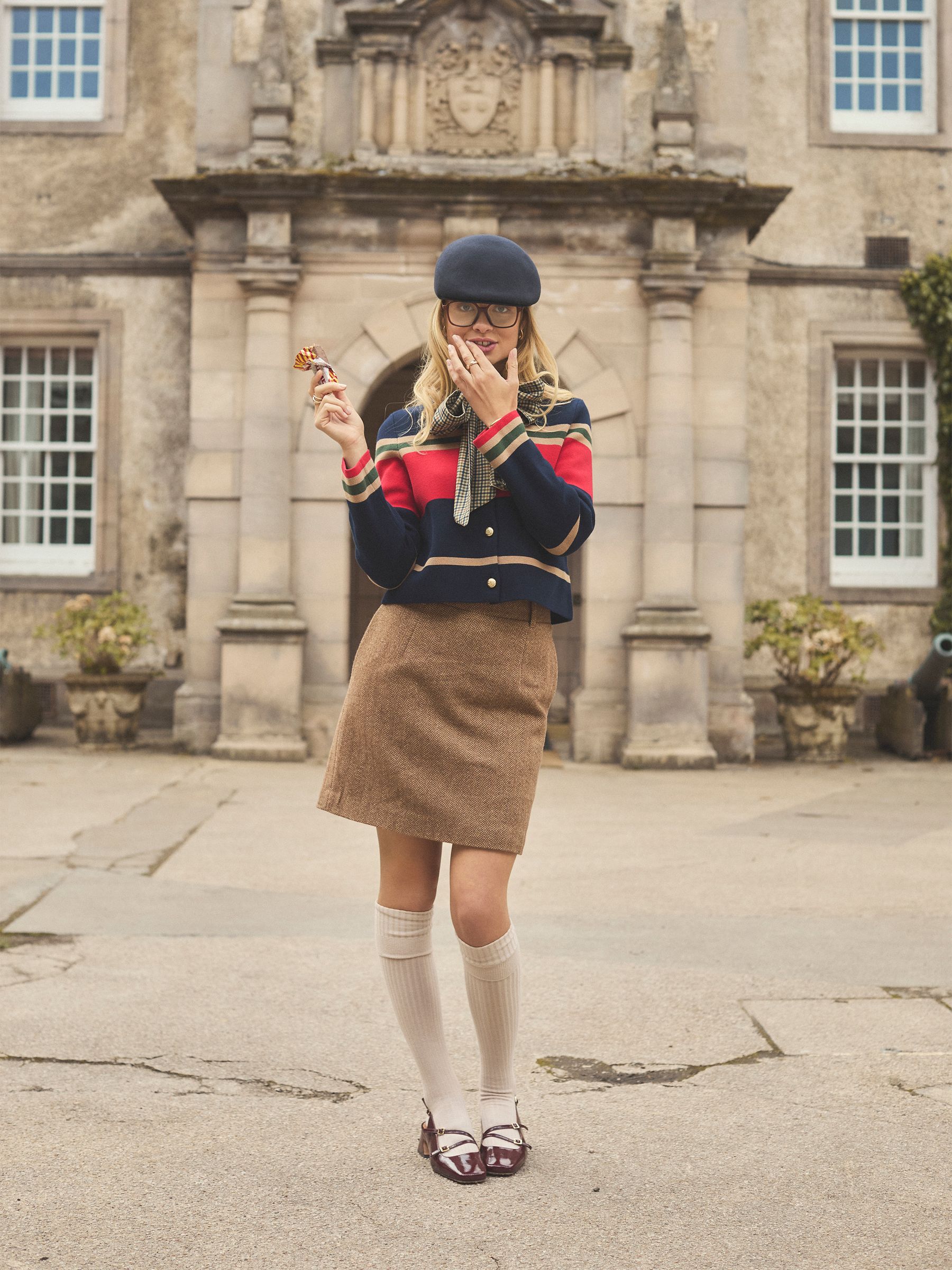 Bramble Tan Brown Herringbone Tweed Wool Blend Skirt - Image 2 of 9