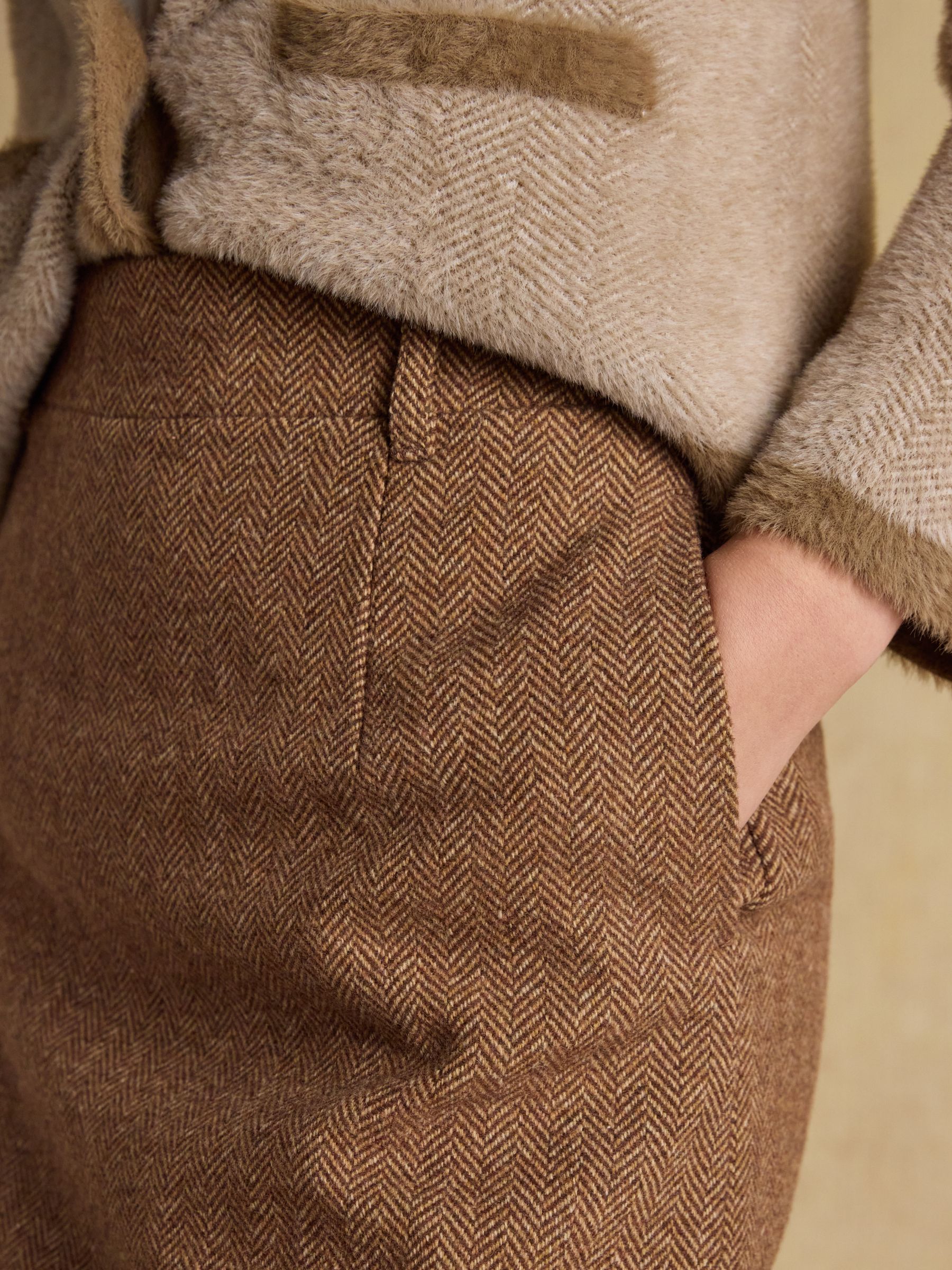 Bramble Tan Brown Herringbone Tweed Wool Blend Skirt - Image 6 of 9