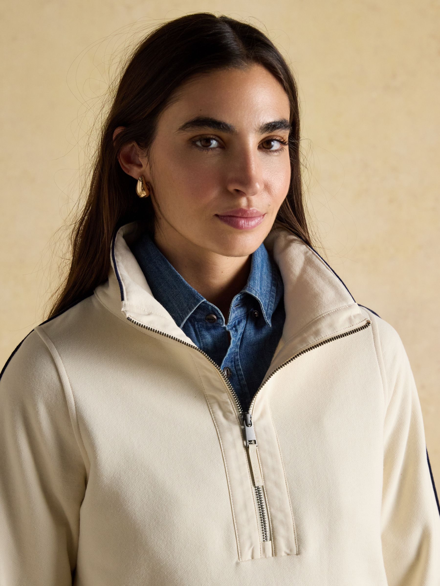 Bronte Cream Funnel Neck Quarter Zip Cotton Sweatshirt - Image 3 of 8