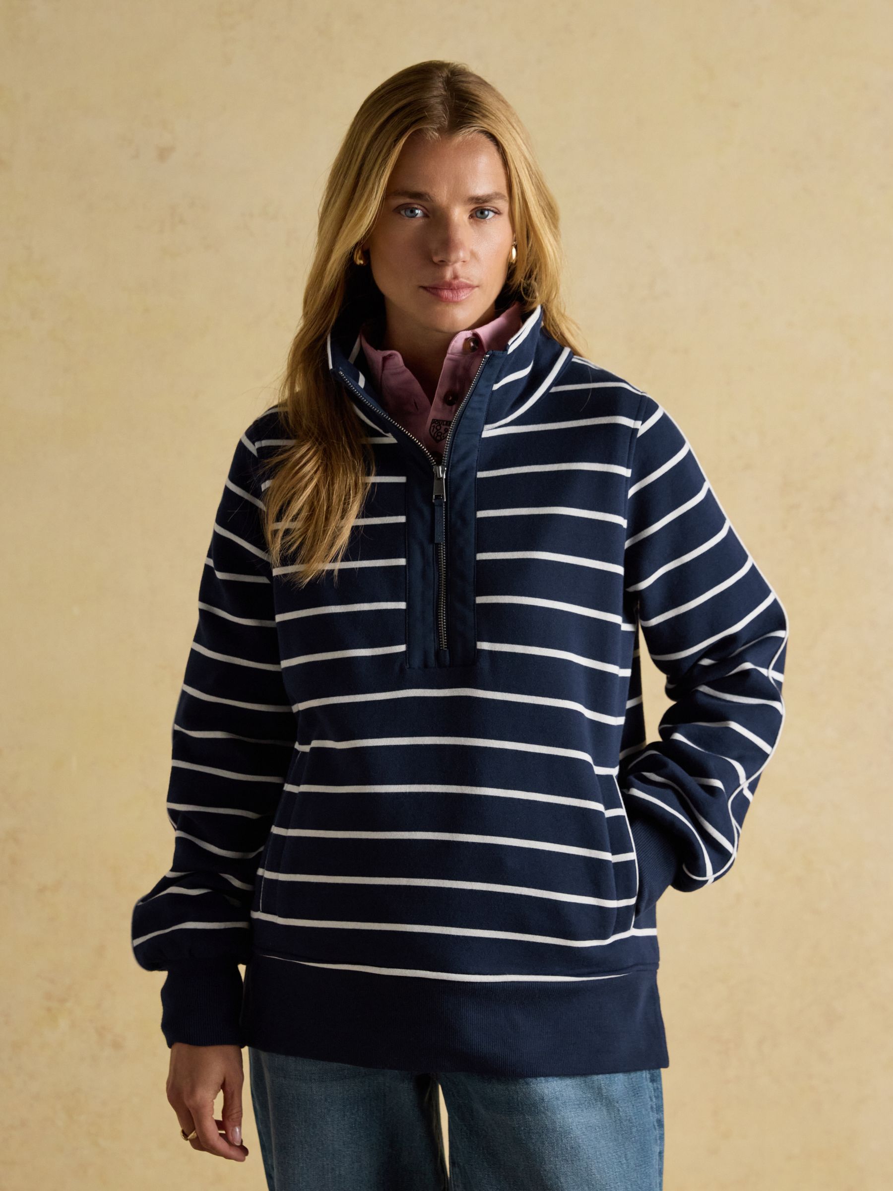 Bronte Navy Stripe Funnel Neck Quarter Zip Cotton Sweatshirt - Image 1 of 12