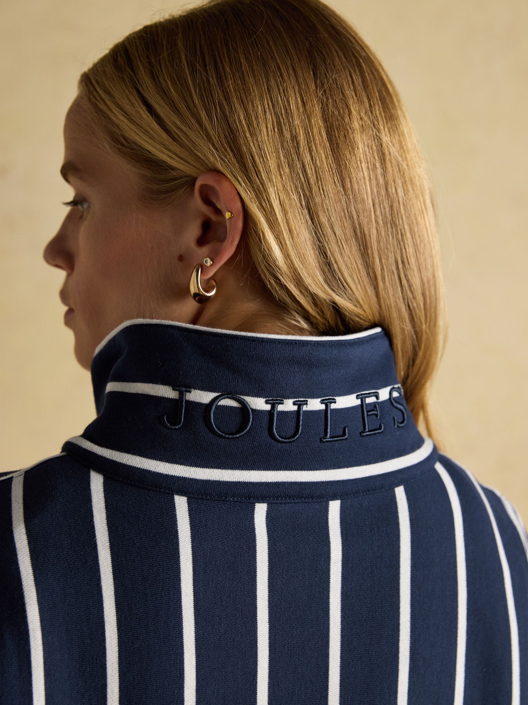 Bronte Navy Stripe Funnel Neck Quarter Zip Cotton Sweatshirt - Image 10 of 12