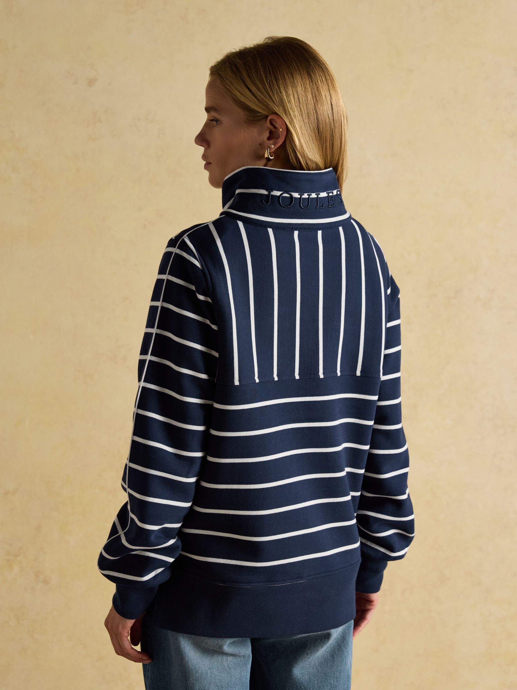 Bronte Navy Stripe Funnel Neck Quarter Zip Cotton Sweatshirt - Image 2 of 12