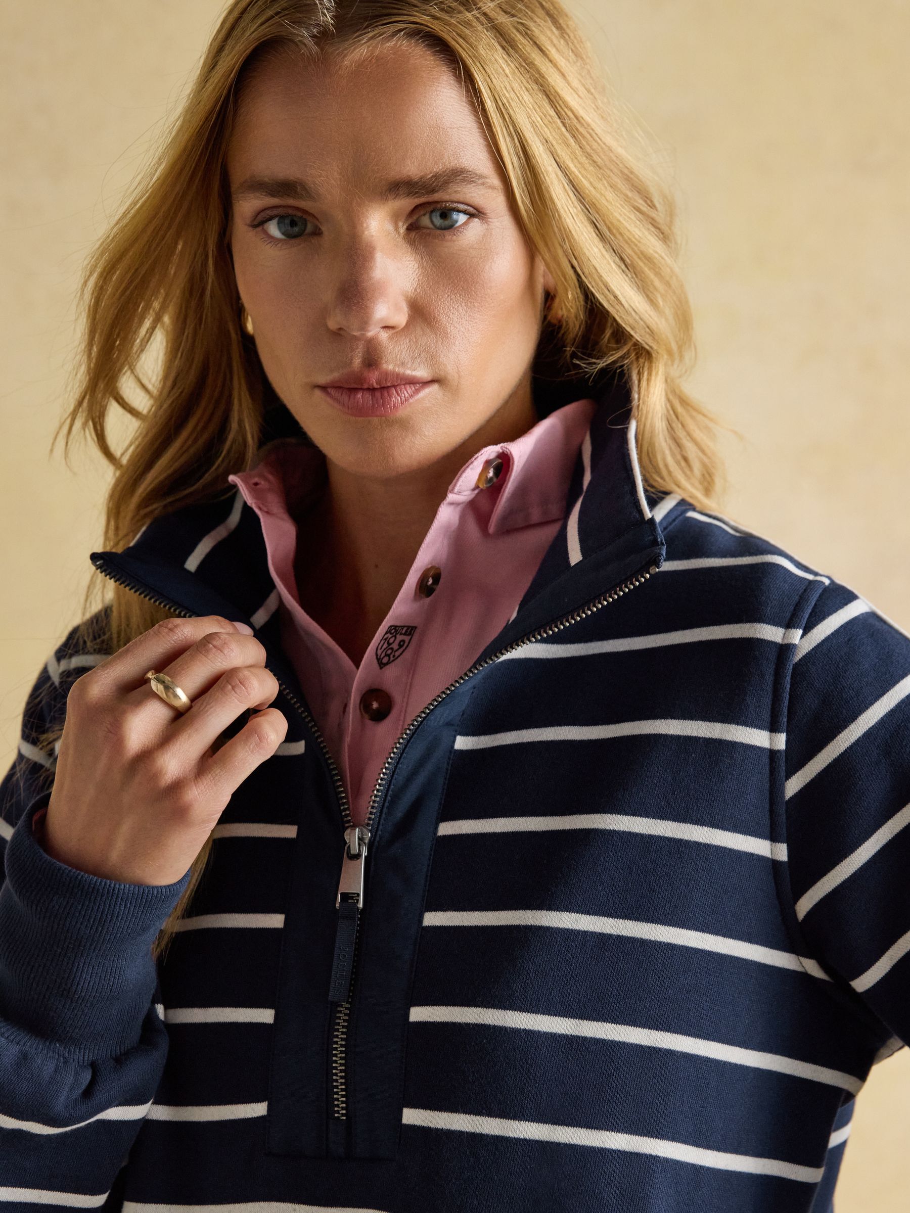Bronte Navy Stripe Funnel Neck Quarter Zip Cotton Sweatshirt - Image 4 of 12