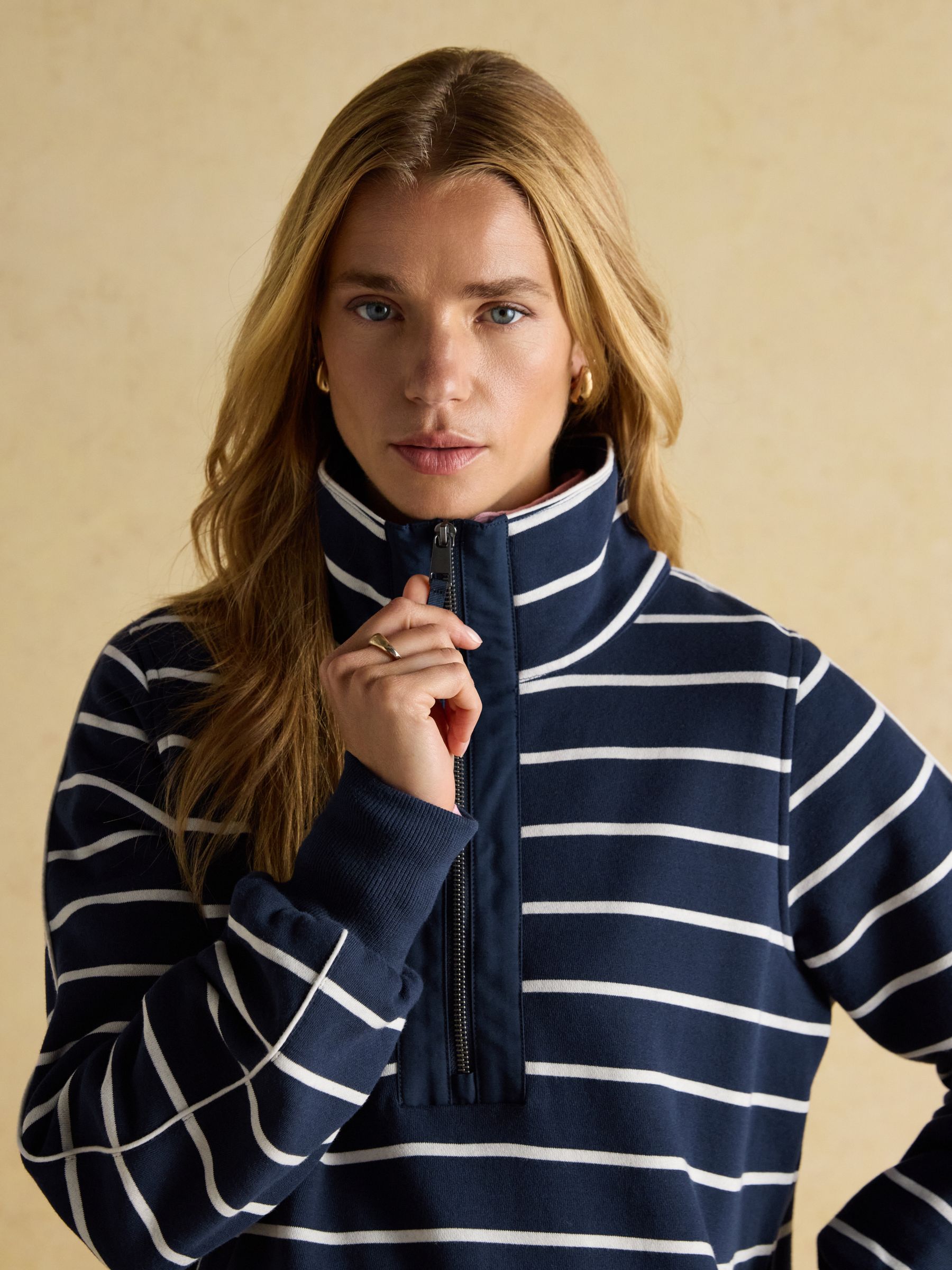 Bronte Navy Stripe Funnel Neck Quarter Zip Cotton Sweatshirt - Image 6 of 12