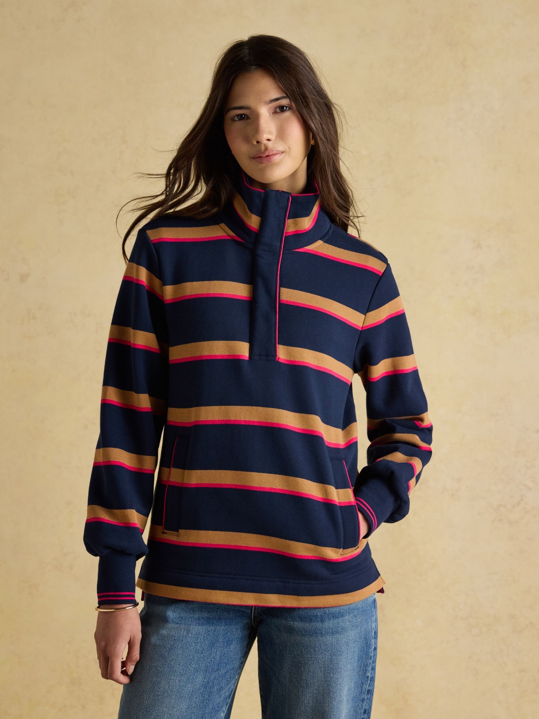 Burnham Navy/Tan Stripe Premium Brushed Cotton Funnel Neck Quarter Zip Sweatshirt - Image 1 of 9