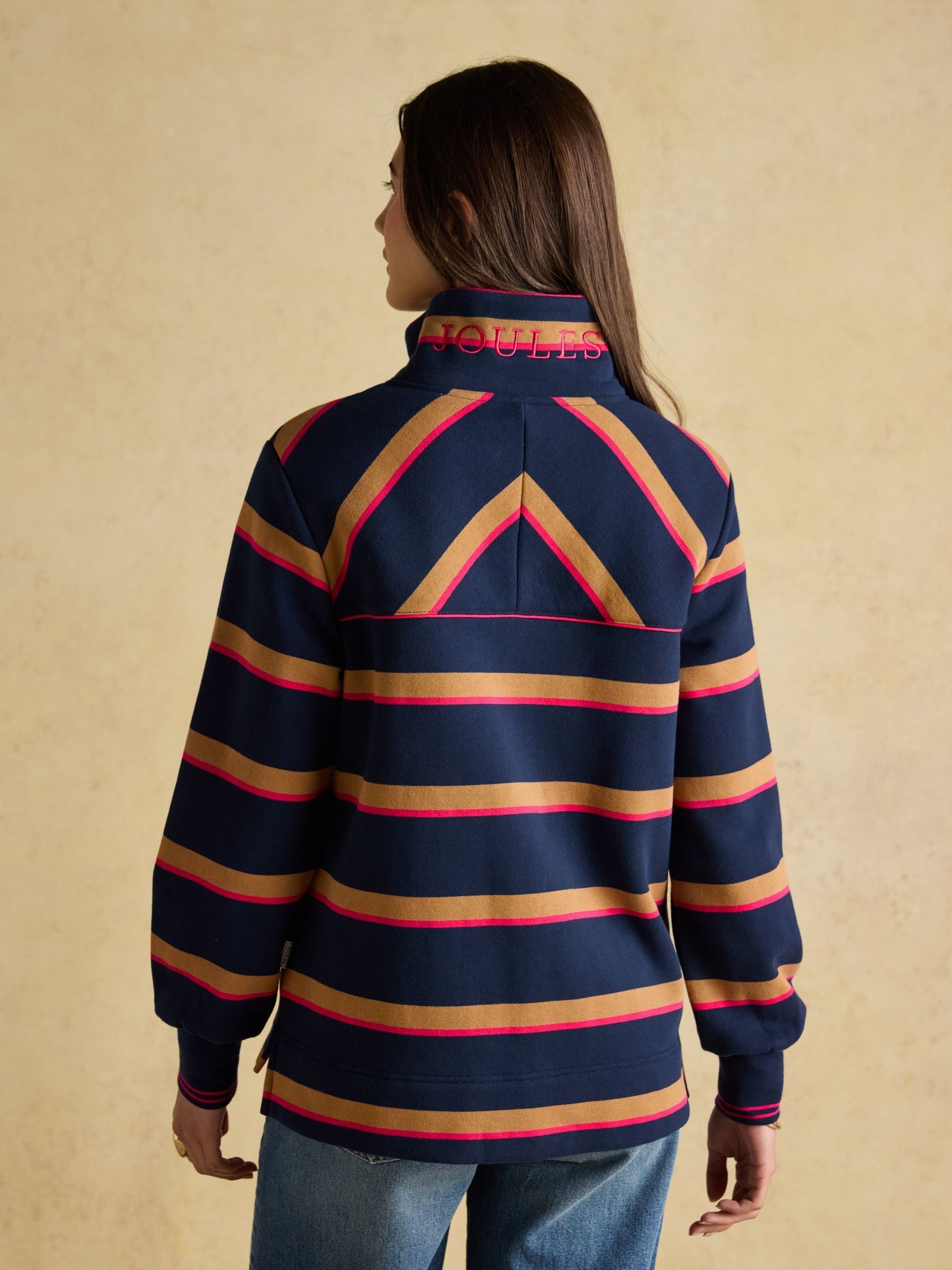 Burnham Navy/Tan Stripe Premium Brushed Cotton Funnel Neck Quarter Zip Sweatshirt - Image 2 of 9