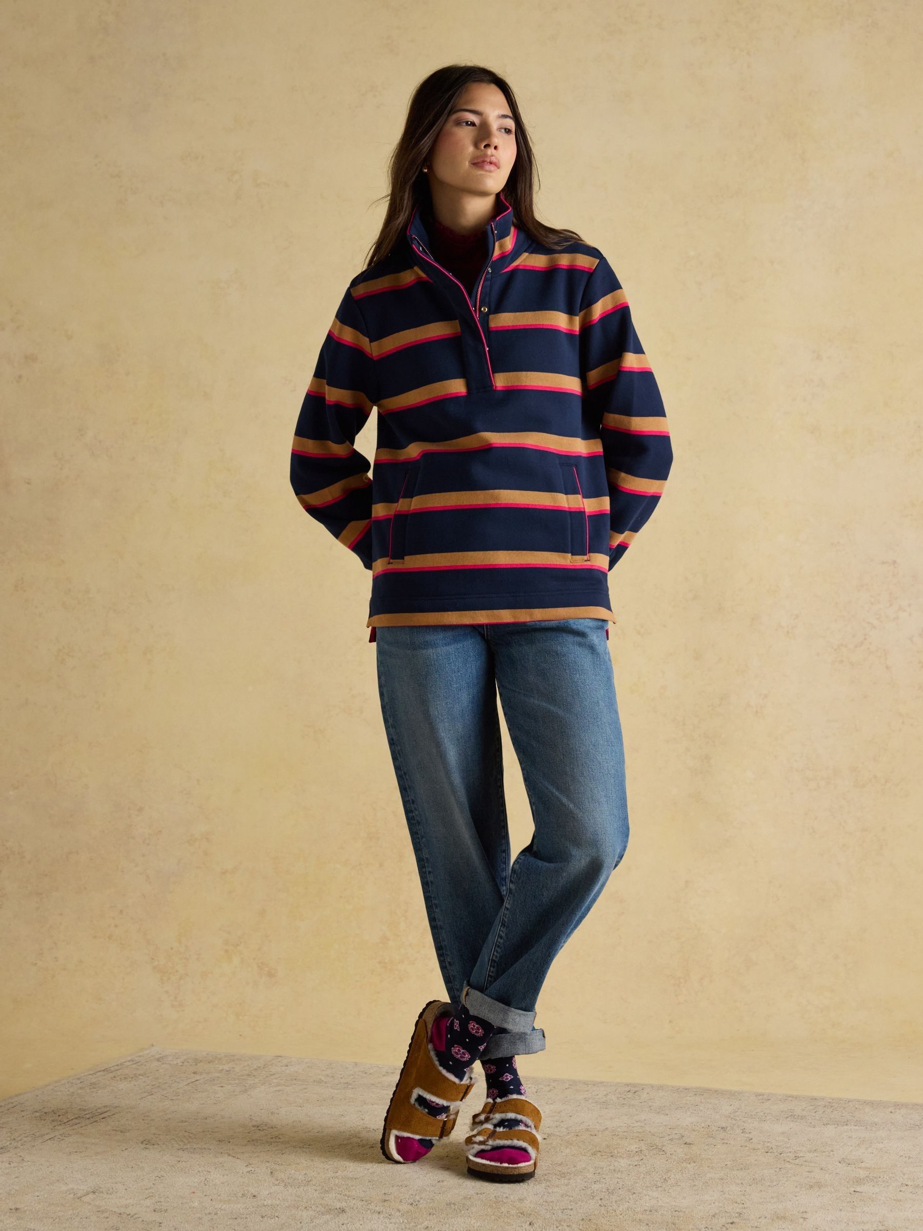 Burnham Navy/Tan Stripe Premium Brushed Cotton Funnel Neck Quarter Zip Sweatshirt - Image 3 of 9