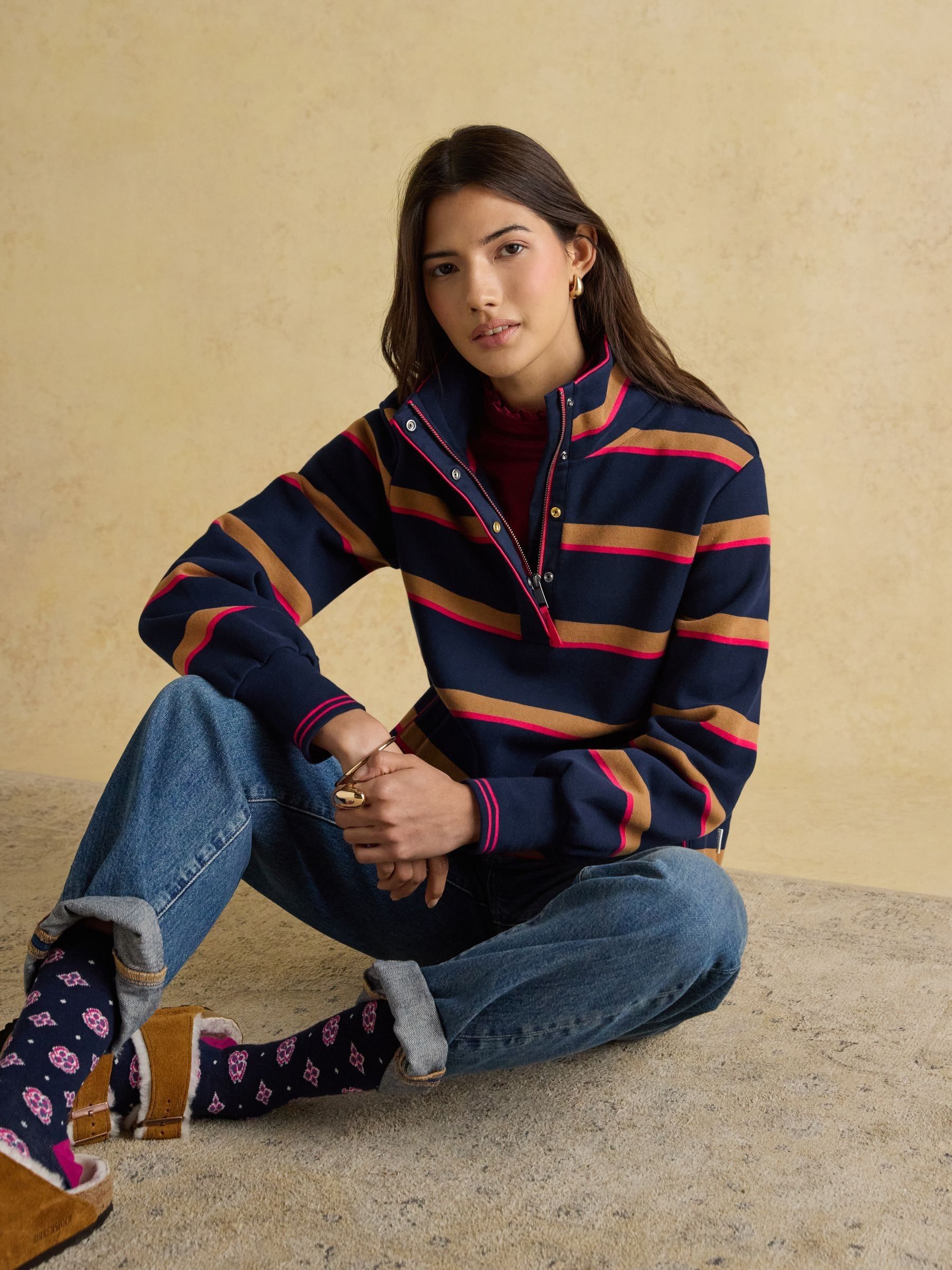 Burnham Navy/Tan Stripe Premium Brushed Cotton Funnel Neck Quarter Zip Sweatshirt - Image 4 of 9