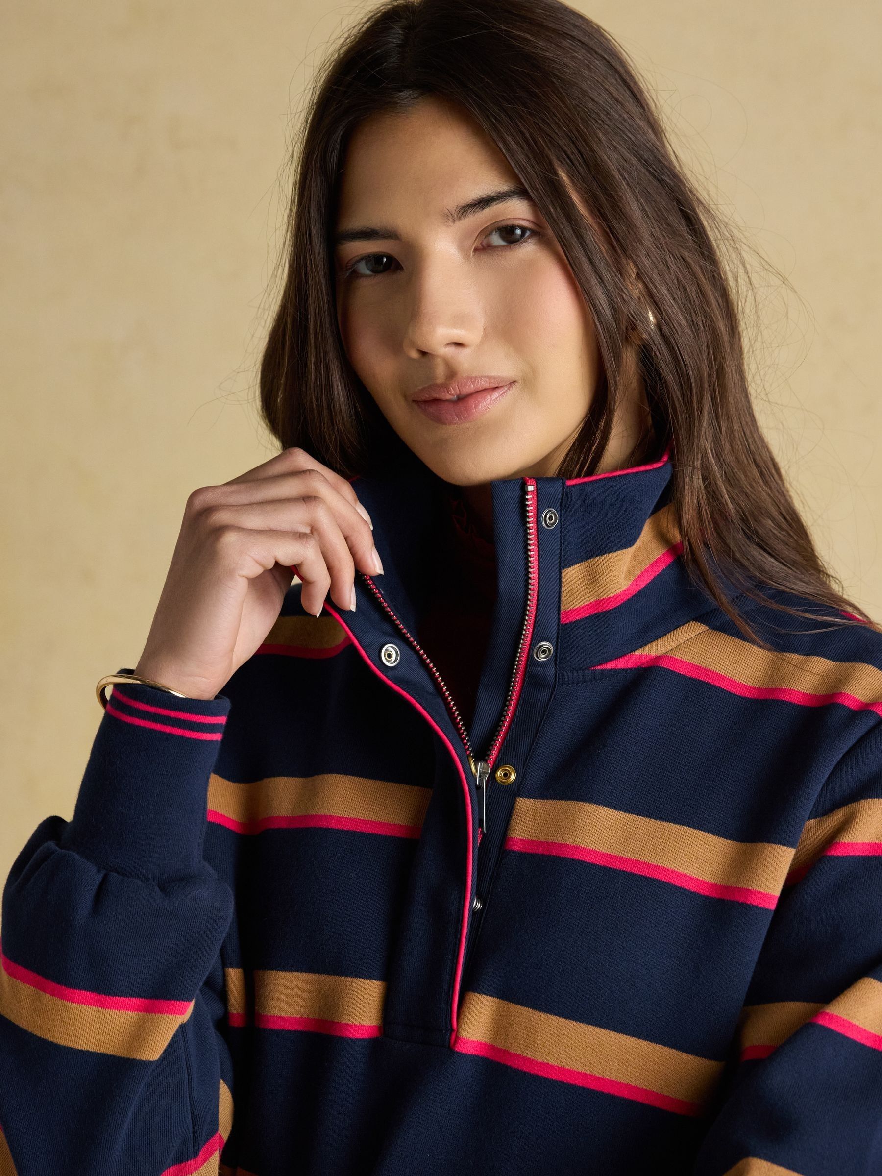 Burnham Navy/Tan Stripe Premium Brushed Cotton Funnel Neck Quarter Zip Sweatshirt - Image 5 of 9