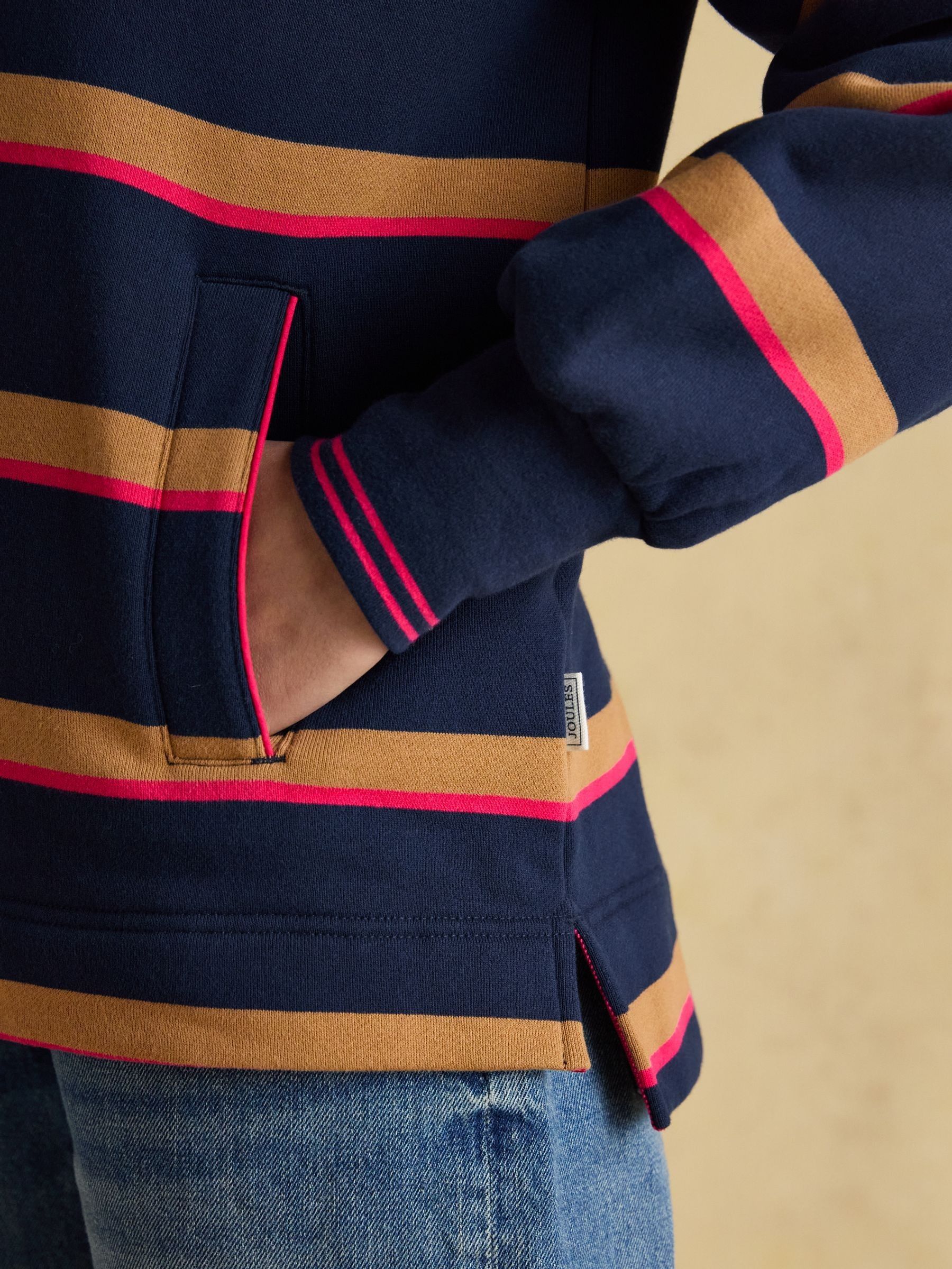Burnham Navy/Tan Stripe Premium Brushed Cotton Funnel Neck Quarter Zip Sweatshirt - Image 6 of 9