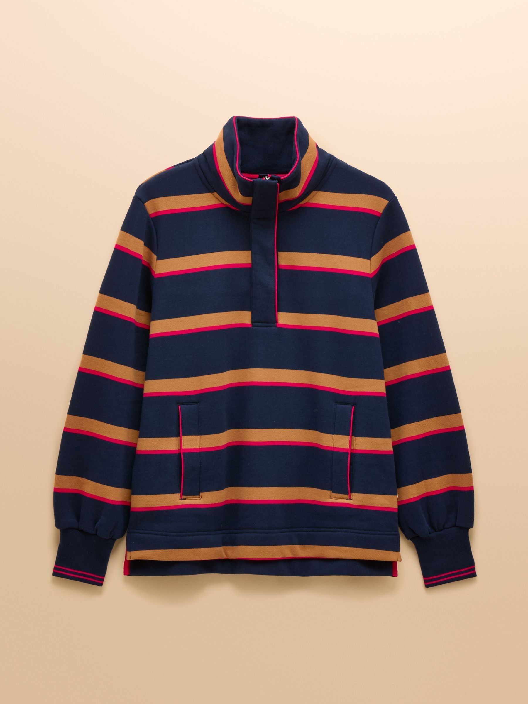 Burnham Navy/Tan Stripe Premium Brushed Cotton Funnel Neck Quarter Zip Sweatshirt - Image 9 of 9