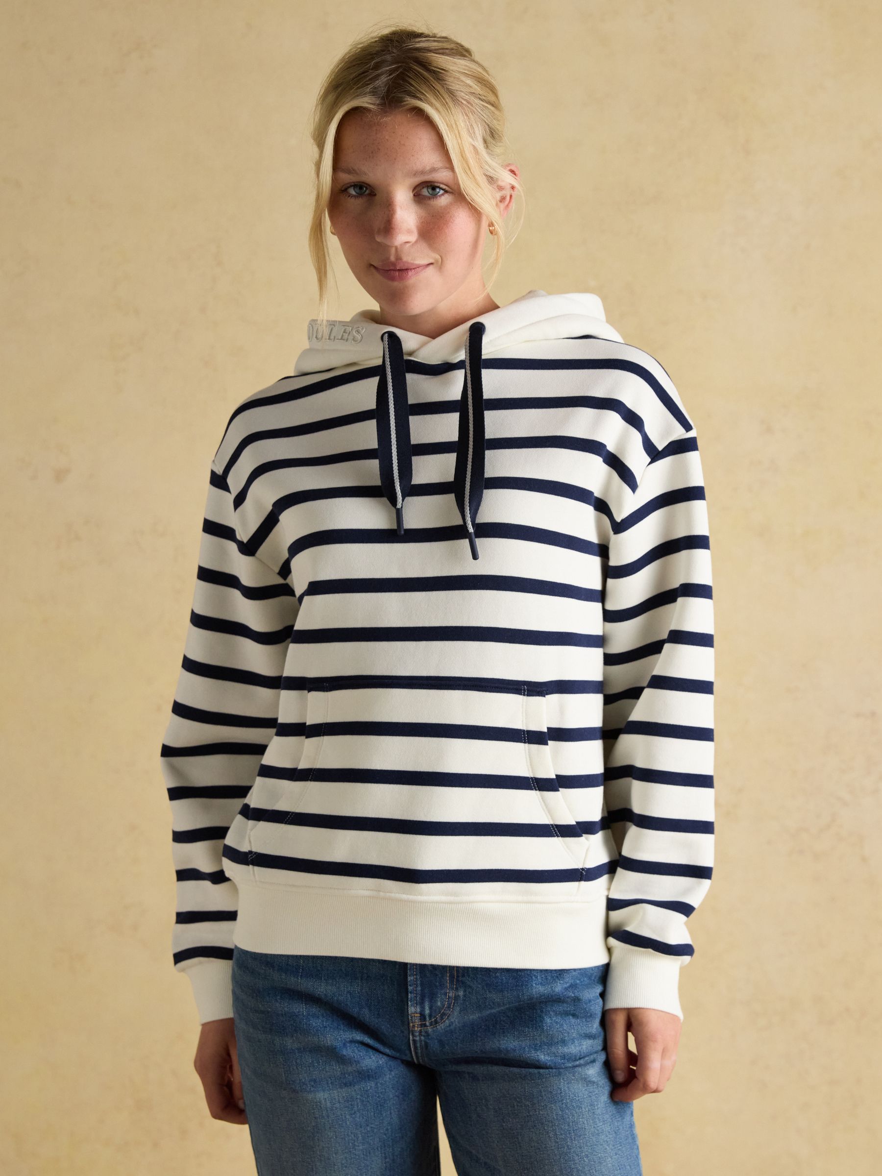 Milbourne Cream & Navy Striped Cotton Blend Hoodie - Image 1 of 8