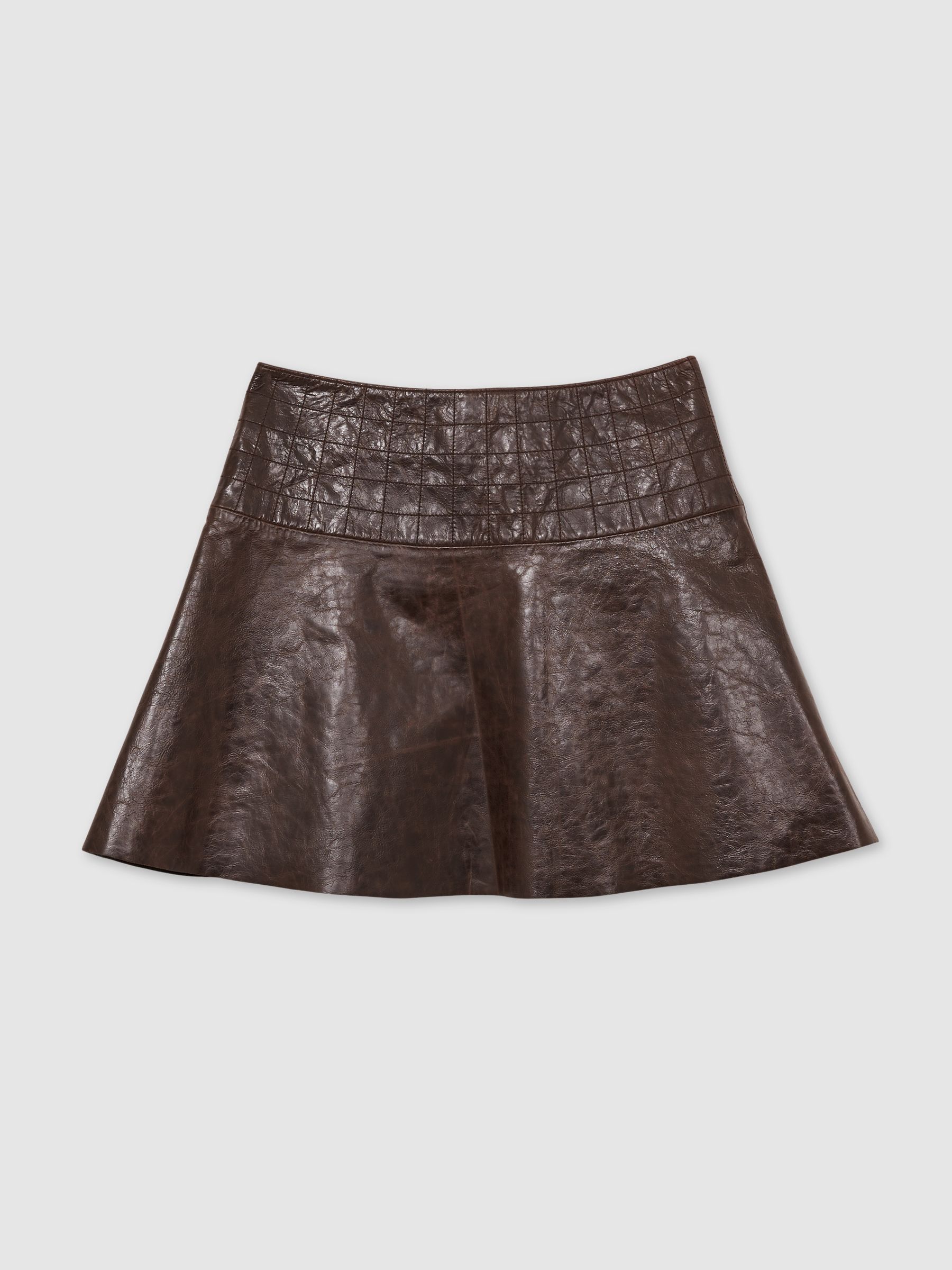 Leather Flared Mini Skirt in Chocolate - Image 2 of 6