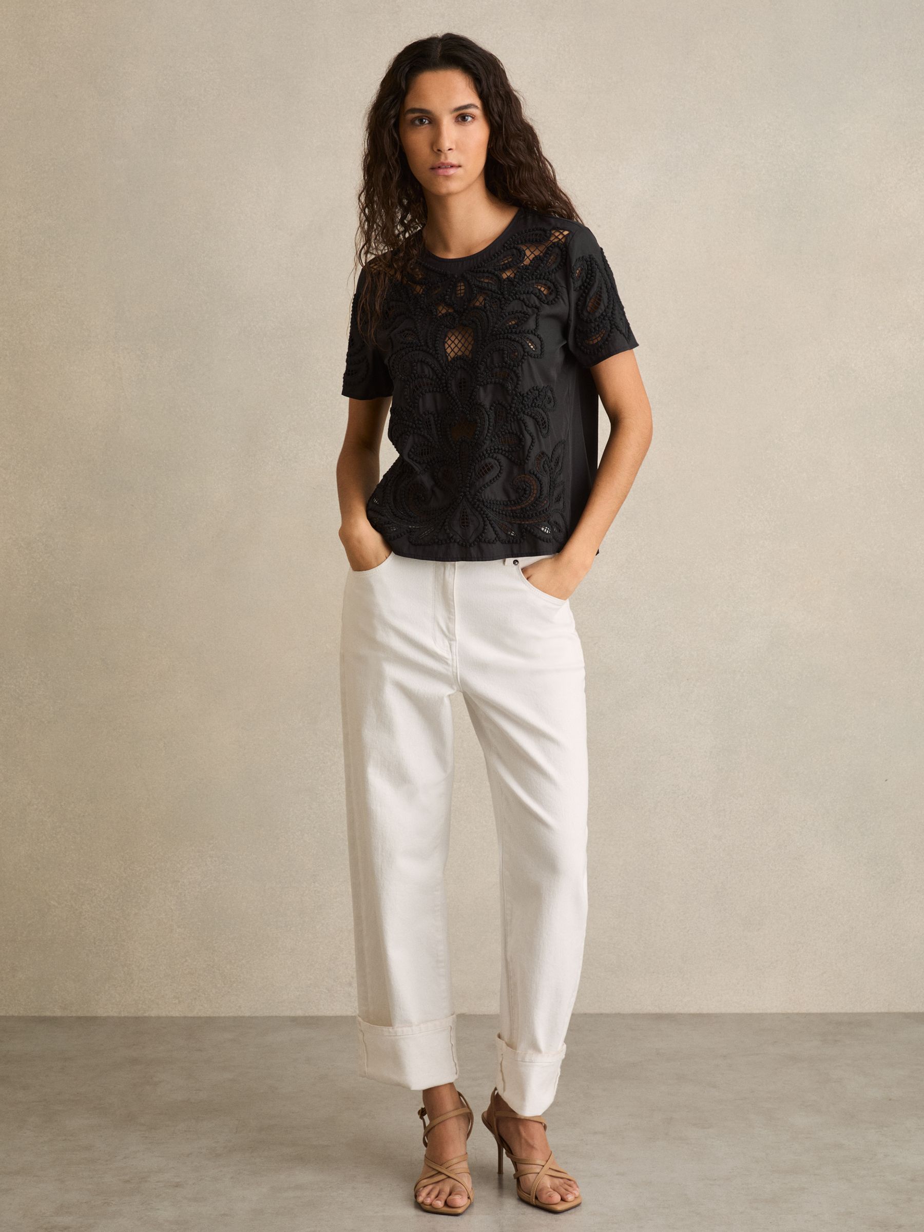 Floral Cut-Out Embroidery Top in Black - Image 3 of 6